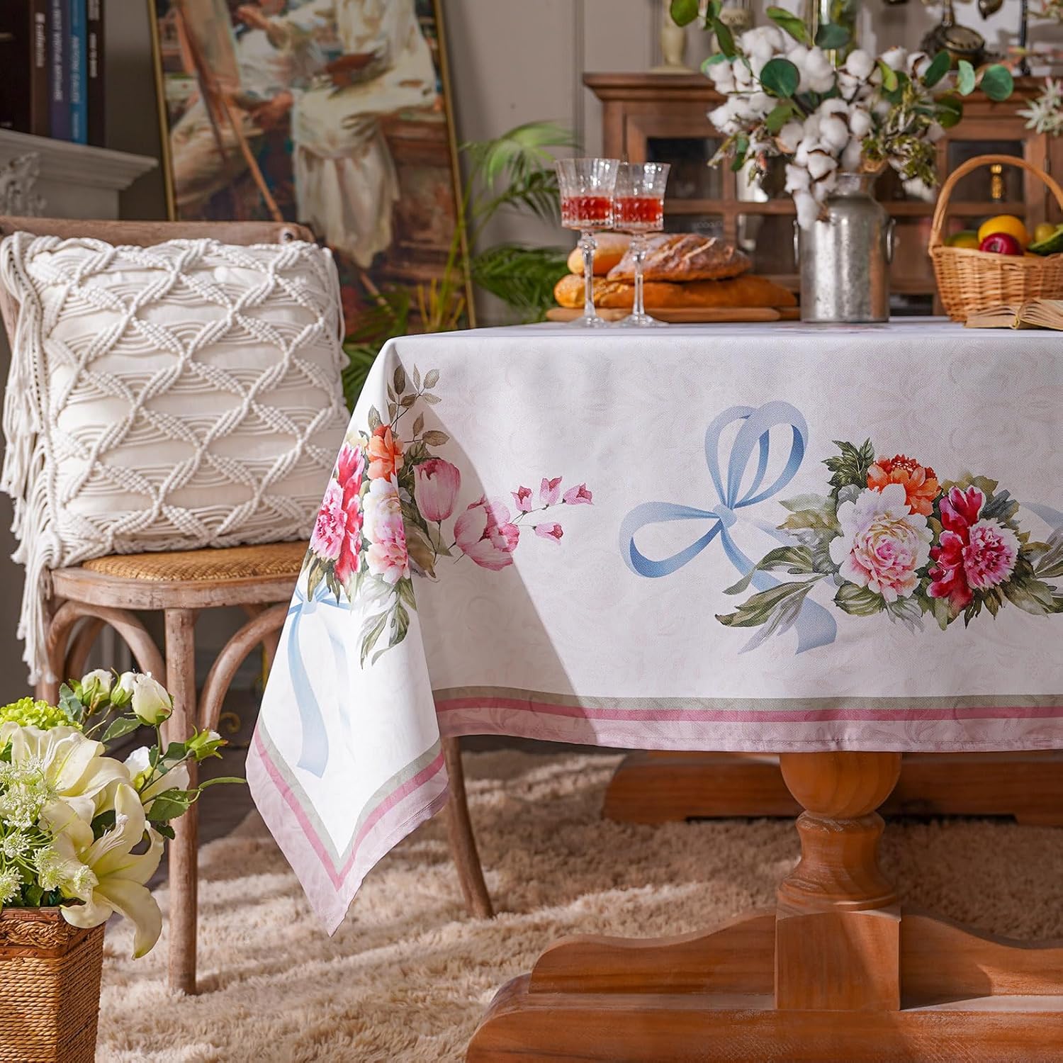 ARTABLE Mantel estampado vintage clásico con patrón de cinta de flores, impermeable, mesa de comedor, cocina, mesa de café, jardín, boda, exterior e