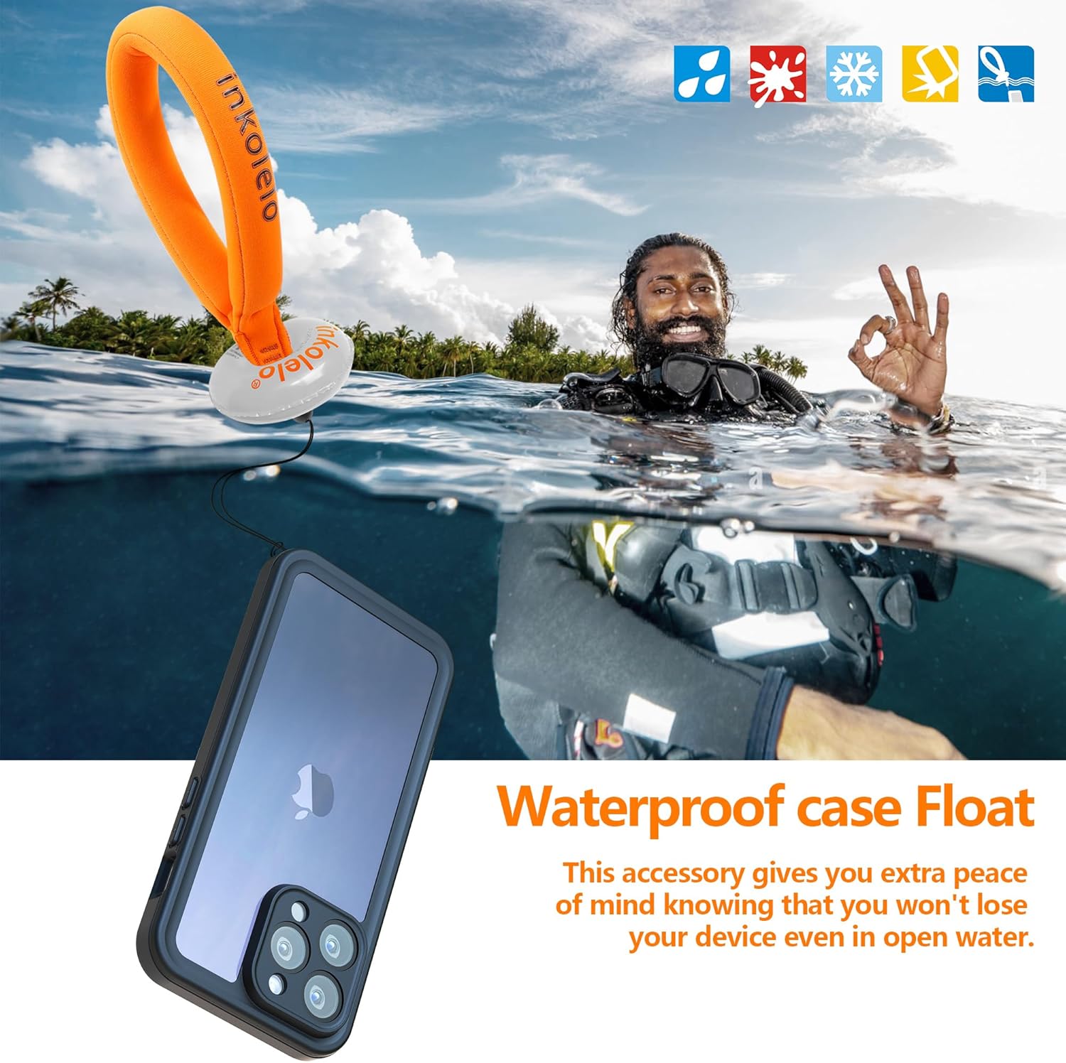 inkolelo Funda impermeable compatible con iPhone 15 Pro Max, protector de pantalla integrado de cuerpo completo con correa flotante, funda