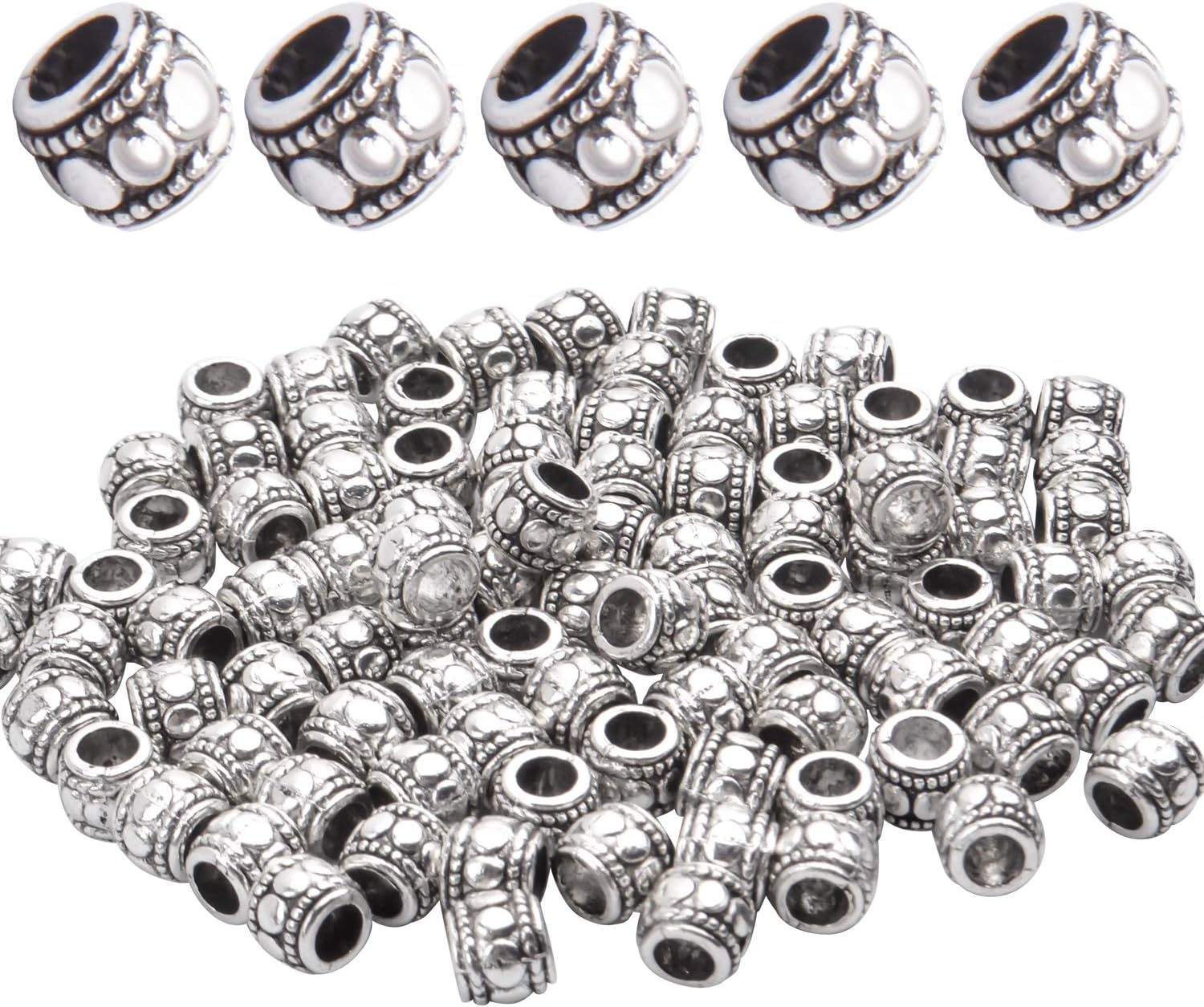 BronaGrand 100 cuentas espaciadoras de plata tibetana, cuentas de agujero grande, cuentas de tubo hueco para bricolaje, collares, pulseras