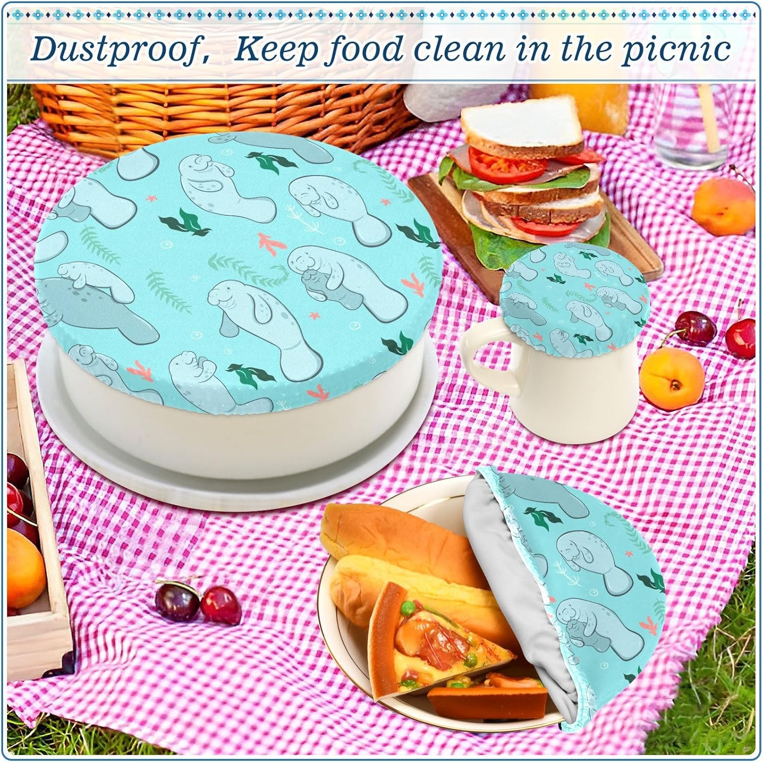 Blue Manatees – 5 fundas elásticas reutilizables para cuencos para almacenamiento de alimentos, tapas de tela elástica con 5 tamaños diferentes,