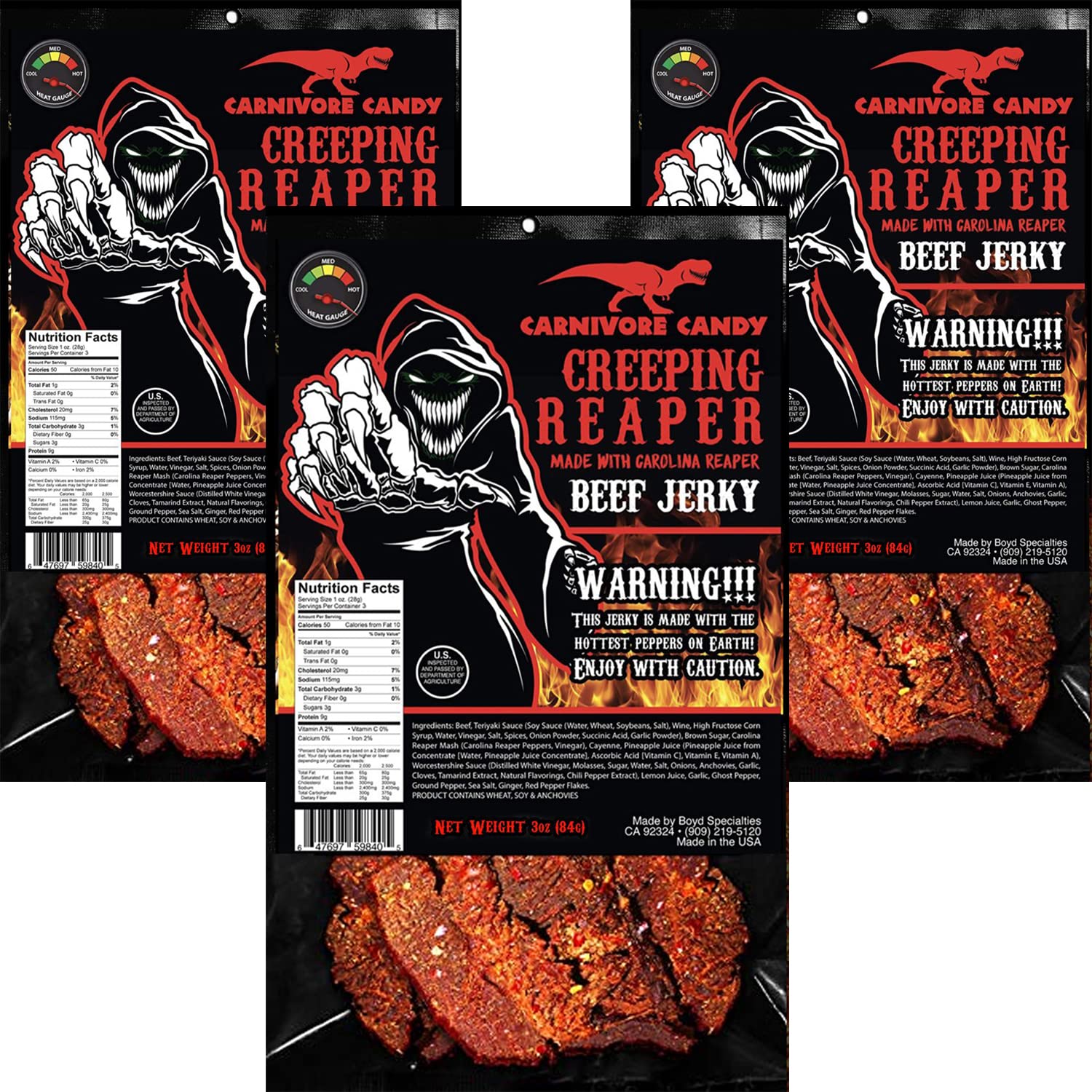 “Creeping Ghost” Carolina Reaper Jerky Beef Three – Bolsas de 3 onzas The Reaper es la pimienta más caliente del mundo. Dulce con calor