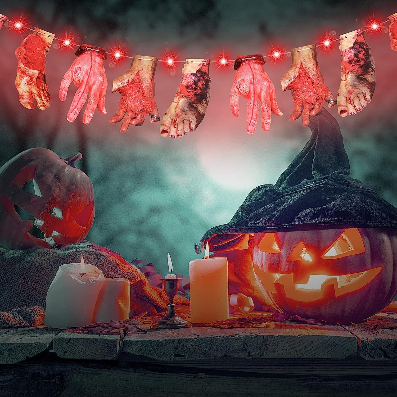 Luces LED rojas de Halloween con manos y pies sangrientos, decoración de tarjetas de cartel colgantes de 9.8 pies, 30 luces LED rojas, 2 modos de
