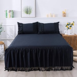 Softta Falda de cama vintage de 3 piezas, color negro, tamaño King, con borlas, estilo bohemio, para niñas, 100% algodón, color negro sólido Softta Falda de cama vintage de 3 piezas, color negro, tamaño King, con borlas, estilo bohemio, para niñas, 100% algodón, color negro sólido