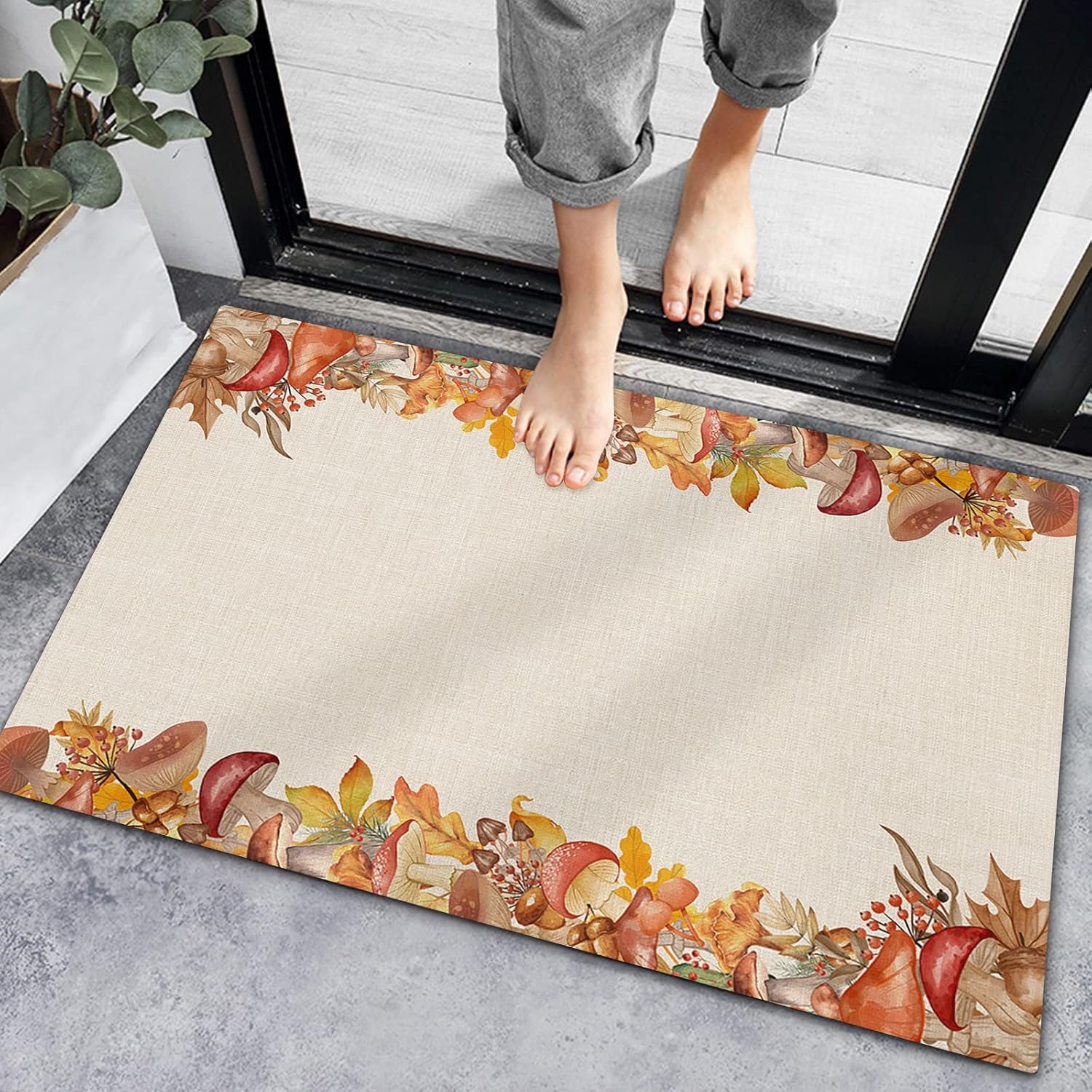 Tapete de baño, antideslizante, tapete de baño, diseño de hongos y hojas de arce de Acción de Gracias, tapetes de bajo perfil, alfombras de cocina