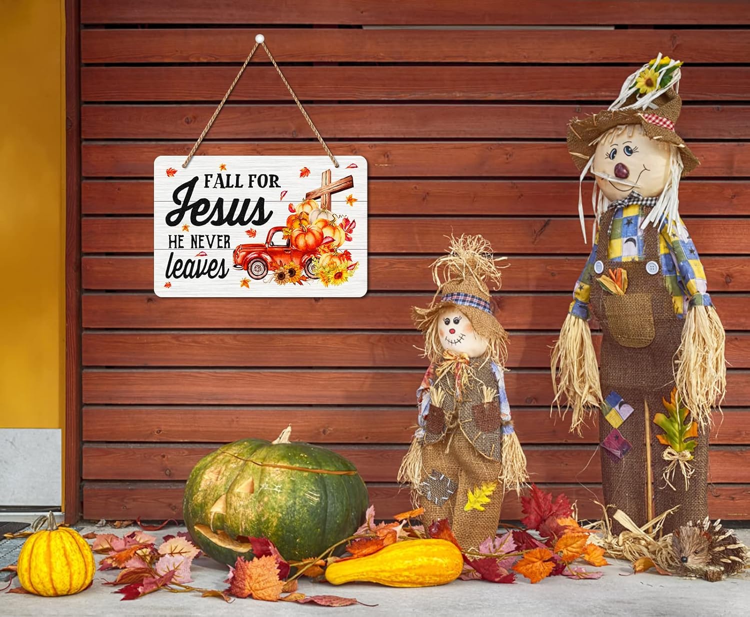 WhatSign Letrero decorativo con texto en inglés “Fall for Jesus He Never Lees” para el hogar, hojas de arce cristianas, calabaza, Jesús, decoración