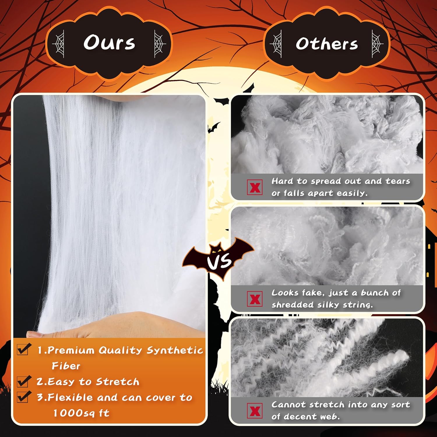 Telarañas de 1000 pies cuadrados, decoraciones de Halloween, 50 arañas falsas brillantes y 50 negras, telarañas superelásticas grandes para