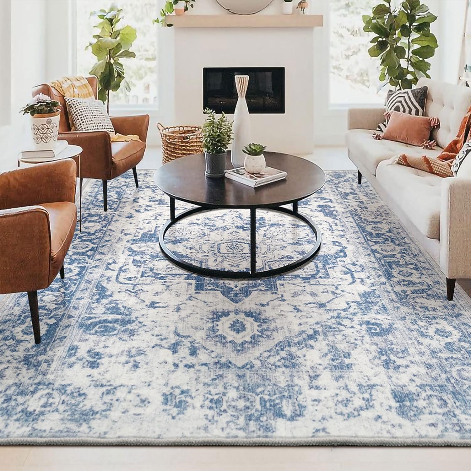 Alfombra de área de 8 x 10 pies, medallón oriental, envejecida, lavable, antideslizante, grande, para dormitorio, sala de estar, color cremaazul