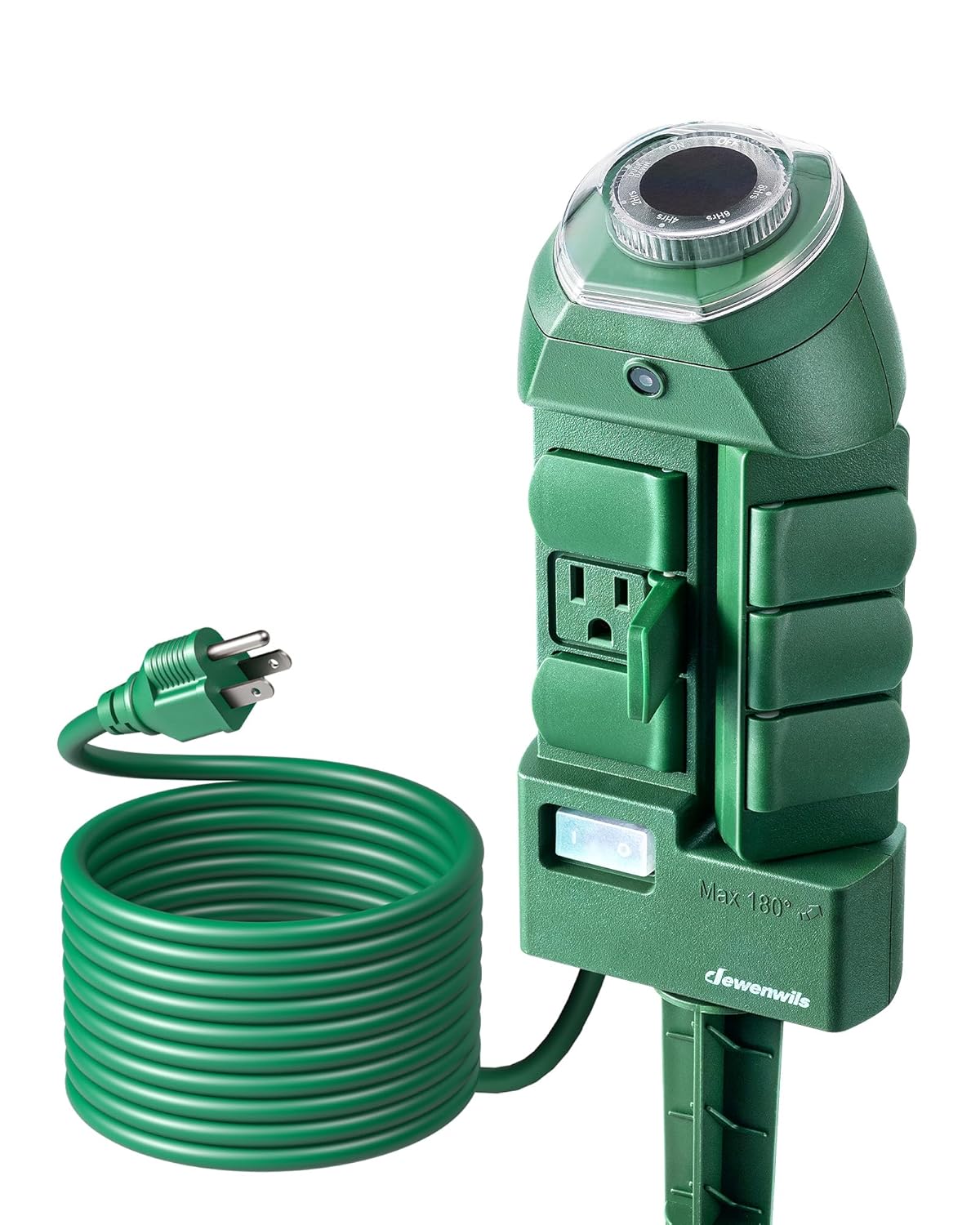 DEWENWILS Temporizador de regleta de alimentación para exteriores con fotocélula, temporizador de estaca de patio del atardecer al amanecer,