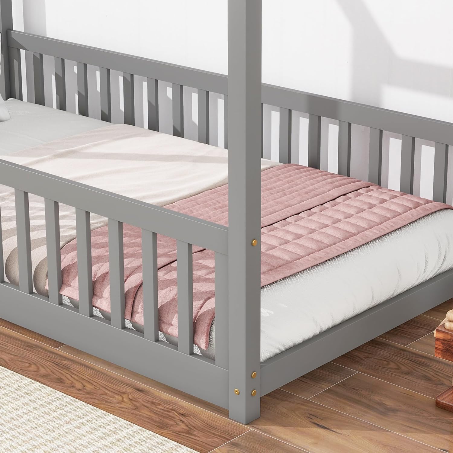 CITYLIGHT Base de cama de suelo de tamaño individual para niños, cama Montessori de madera con rieles y listones en forma de valla, cama individual