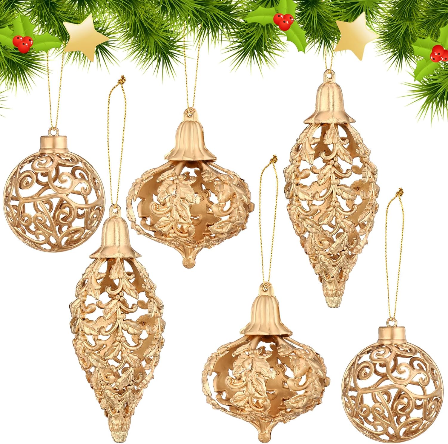 Shappy 6 adornos de bola de Navidad dorados de Navidad de 235 pulgadas, colgante de diamante, adorno de árbol de Navidad, decoraciones de Navidad