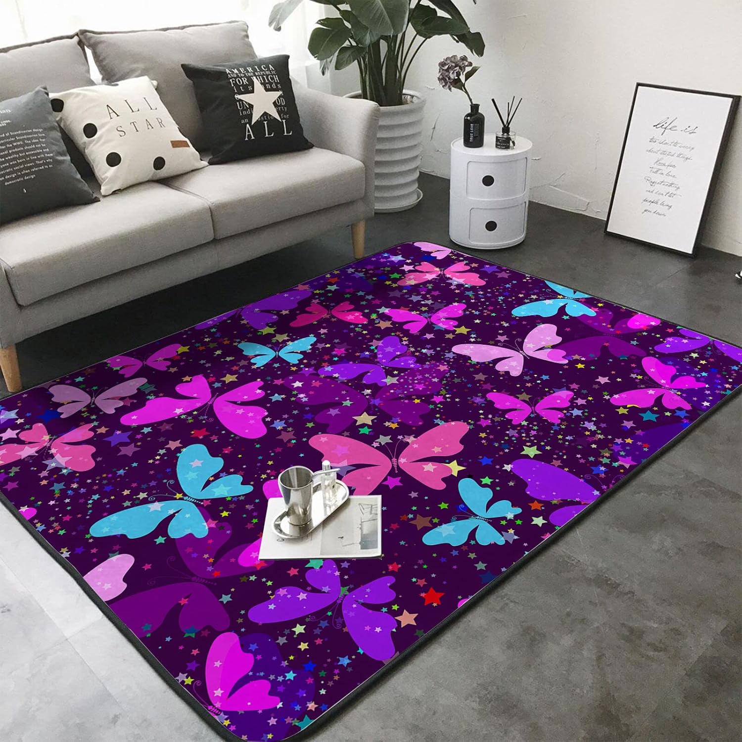 Tapete de esponja lavable para niñas, niños, dormitorio, sala de estar, siluetas abstractas de colores, mariposas, antideslizante, súper suave,