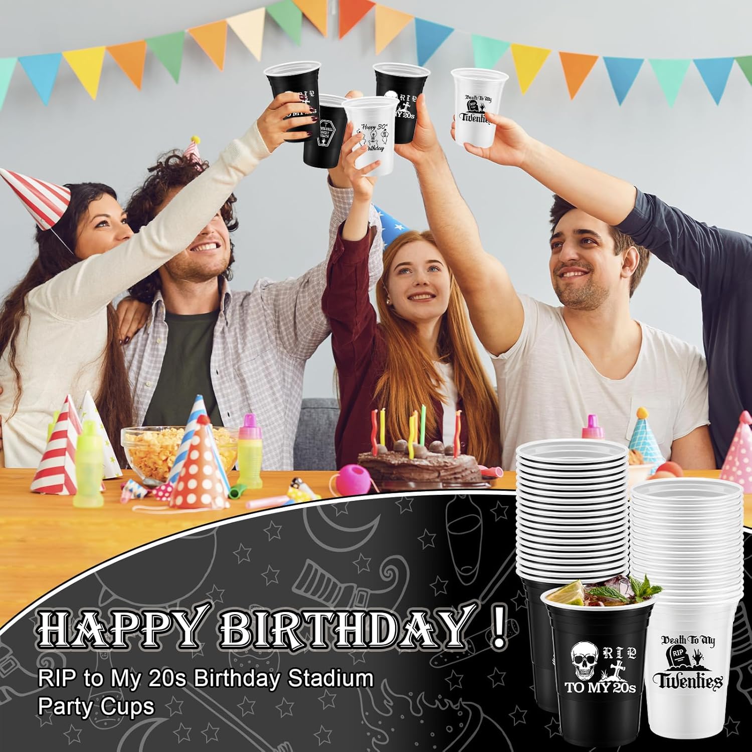 Rtteri Paquete de 48 vasos desechables de plástico grueso para fiesta de 16 onzas, RIP to My 20s, decoraciones de cumpleaños de 30 años, tazas de
