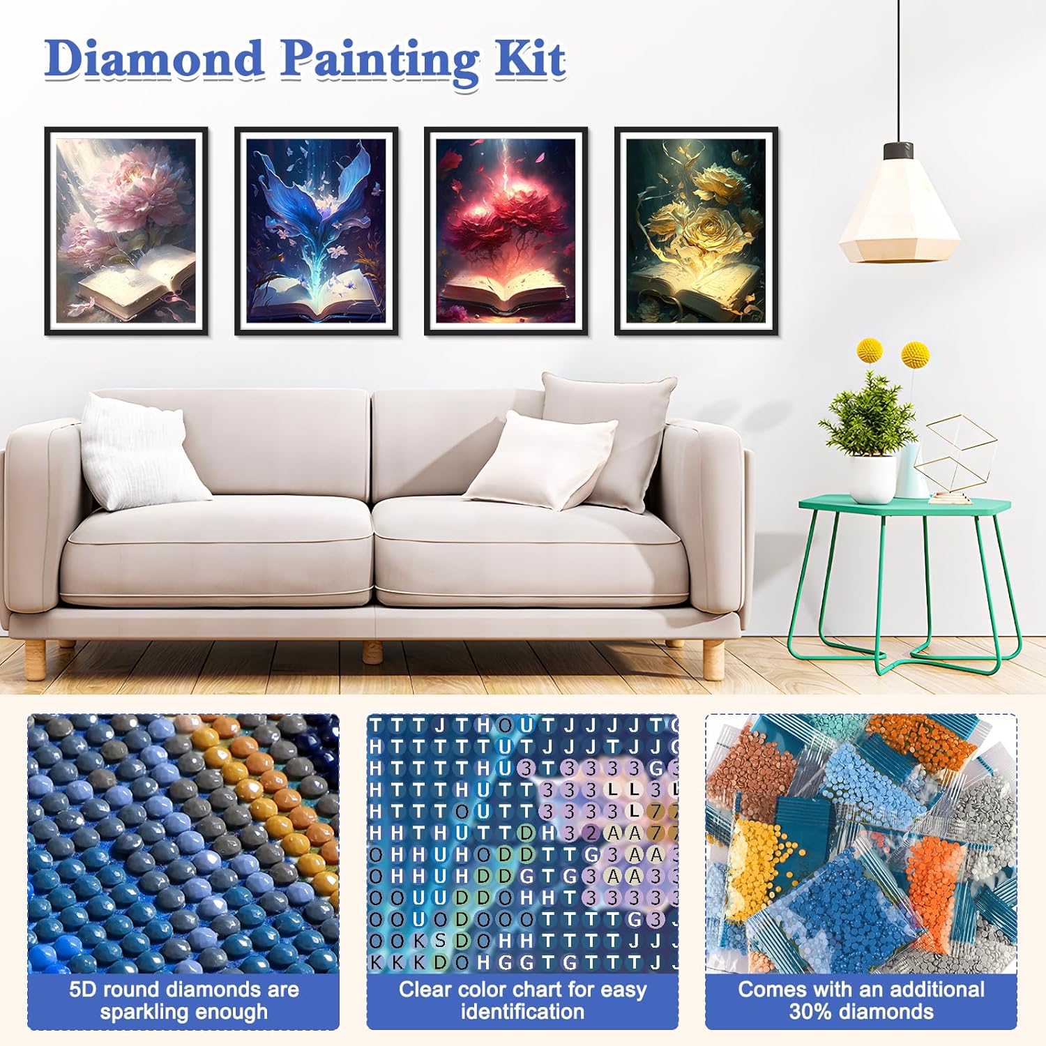 RICUVED Paquete de 4 pinturas artísticas de diamantes, kit de pintura de diamantes para adultos, arte de gemas de diamantes 5D, taladro redondo