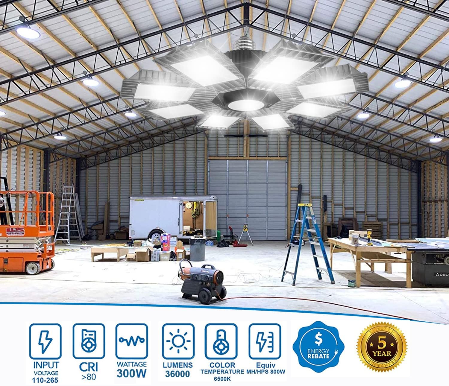 Luz LED de alta bahía para tienda, 8 paneles de luces LED de garaje de 300 W con adaptación E26 a E39, 36000 lm de alto brillo, ideal para almacén,