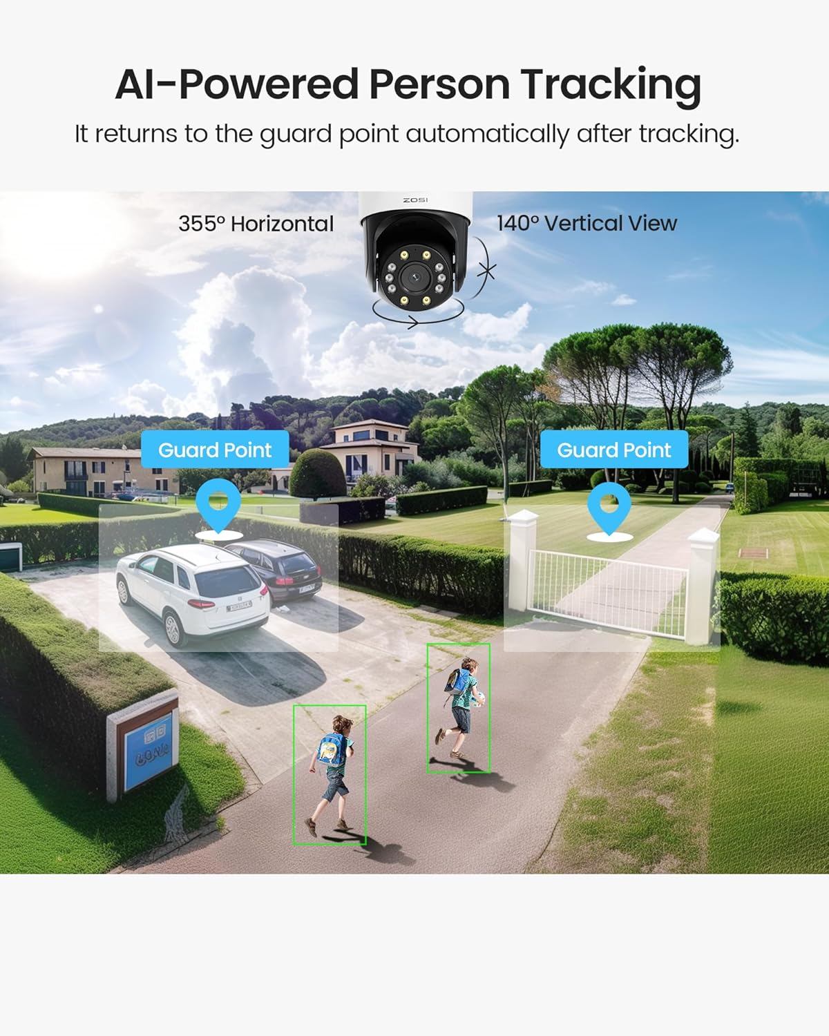 ZOSI C298 Pro 4K 8MP Dual-Lens (2x4MP) Cámara de seguridad WiFi PT con cable al aire libre, cámara enchufable panorámica de visión 360inclinación,