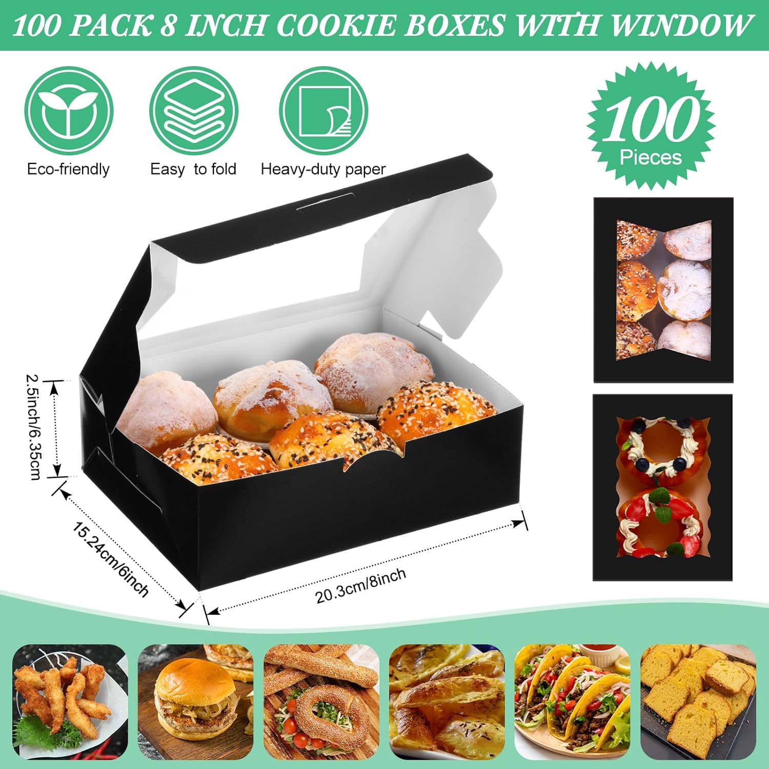 TaoBary 100 cajas de galletas de 8 pulgadas, cajas de panadería de 8 x 6 x 2.5 pulgadas, caja de papel desplegable automática con 2 ventanas de