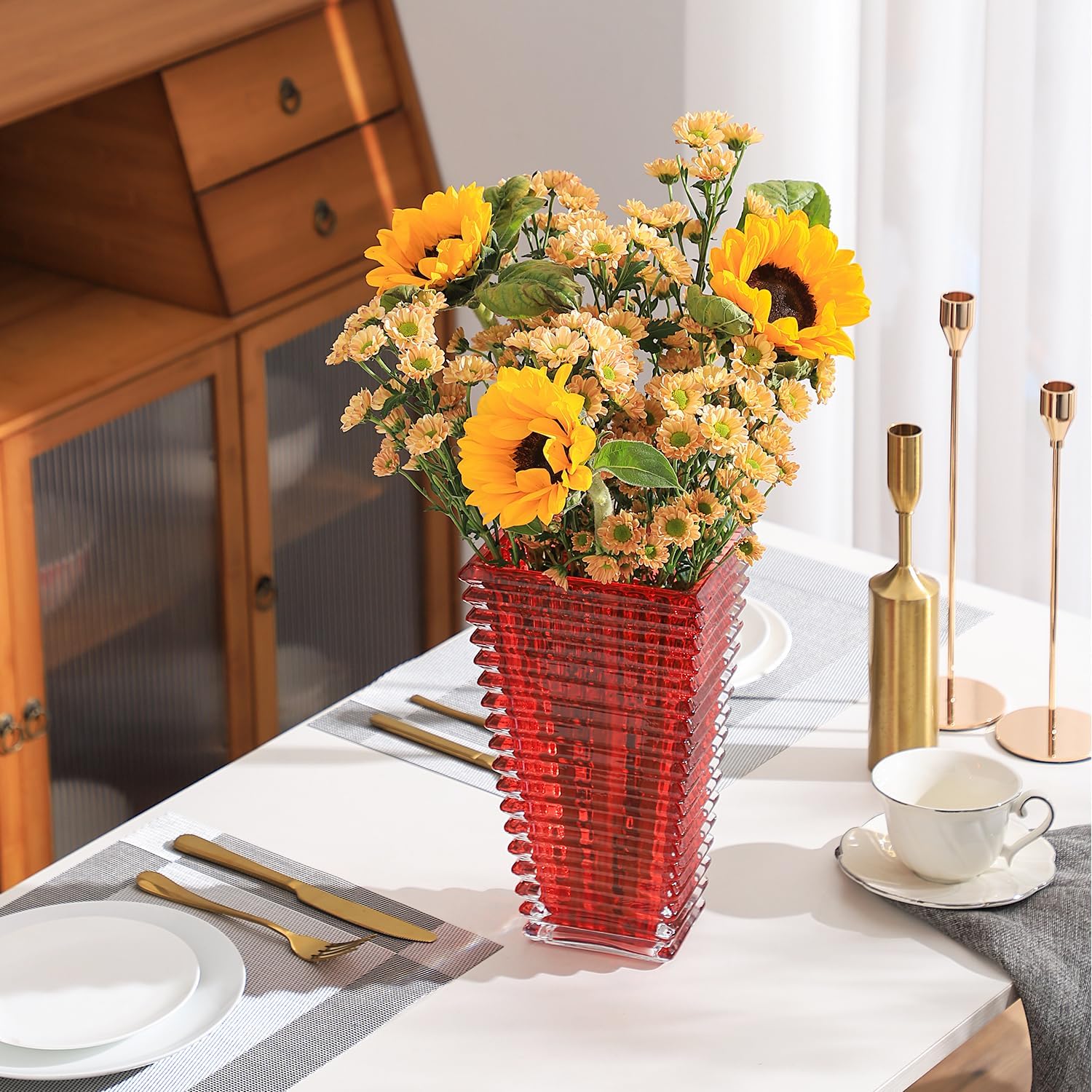 MCMCNCUIU Jarrón de cristal, jarrón de vidrio rojo, jarrón de vidrio resistente, jarrones para centros de mesa, florero grande, jarrón de vidrio