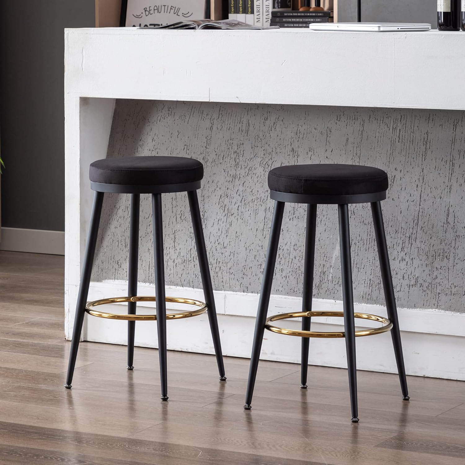 chairus Juego de 2 taburetes de bar de altura de mostrador de 26 pulgadas, moderno taburete sin espalda con reposapiés dorado, cómodas sillas de bar