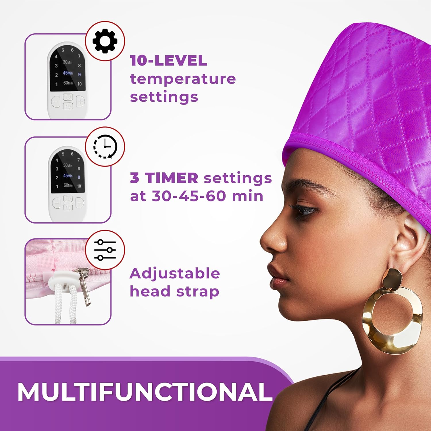Vaporizador de cabello para acondicionamiento profundo con 10 niveles que se calienta rápidamente, tapa térmica de vapor para cabello negro, ideal