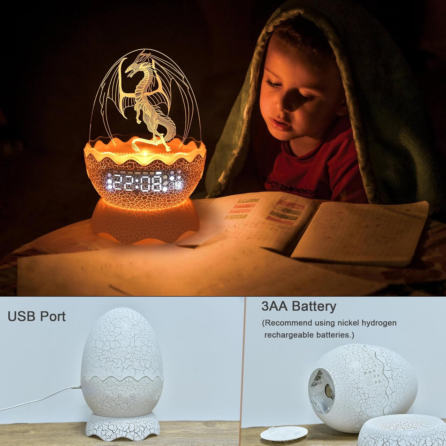 Unique Dragon Egg Alarm ClockNight LightLullaby White NoiseBluetooth Speaker 4-in-1, Remote Control 16 Colors & Brightness & Volume, for KidsAdult