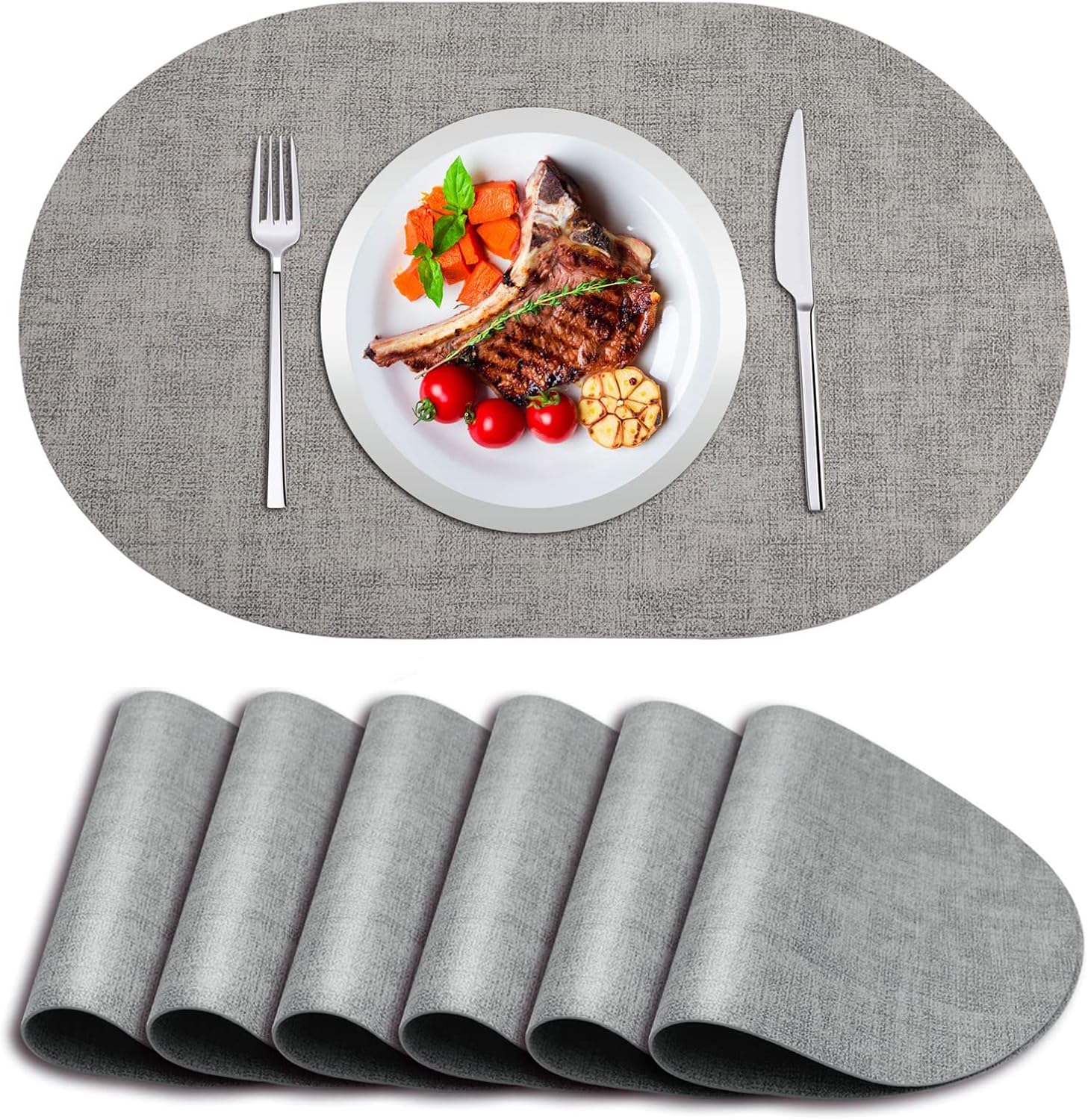 Juego de 6 manteles individuales ovalados de cuero sintético de doble cara para mesa de comedor, resistentes al calor, impermeables, lavables,