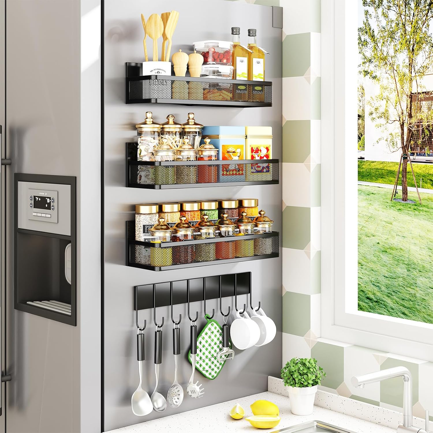 Miyawell Estante magnético para especias para refrigerador, paquete de 4 estantes magnéticos, estantes magnéticos para organización y almacenamiento