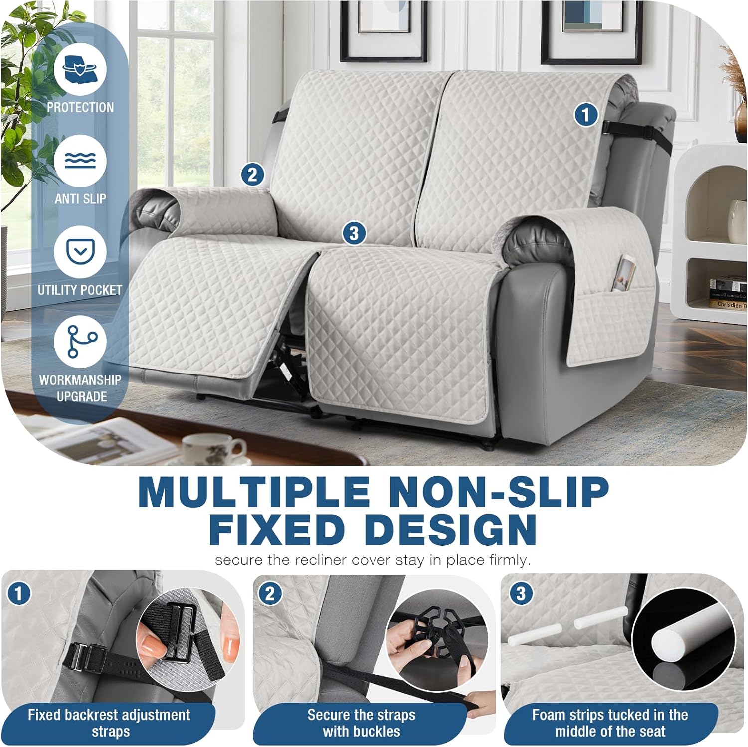 TAOCOCO Funda reclinable para sofá biplaza, funda antideslizante para sofá biplaza, funda para mascotas con correas elásticas, funda lavable y