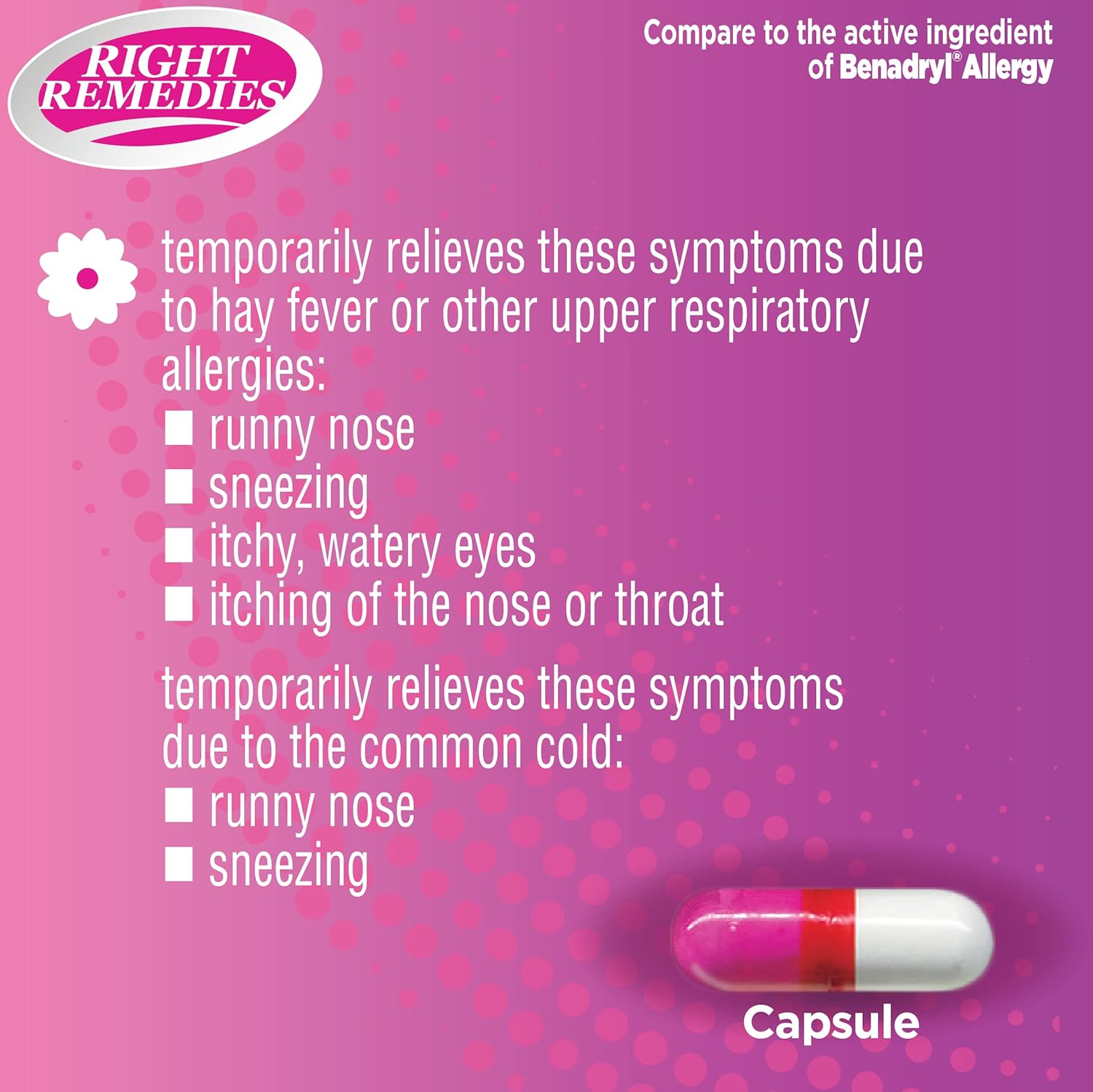 RIGHT REMEDIES Alivio de la alergia, antihistamínico, difenhidramina HCL 25 mg, cápsulas genéricas de benadryl, alivia las alergias estacionales en