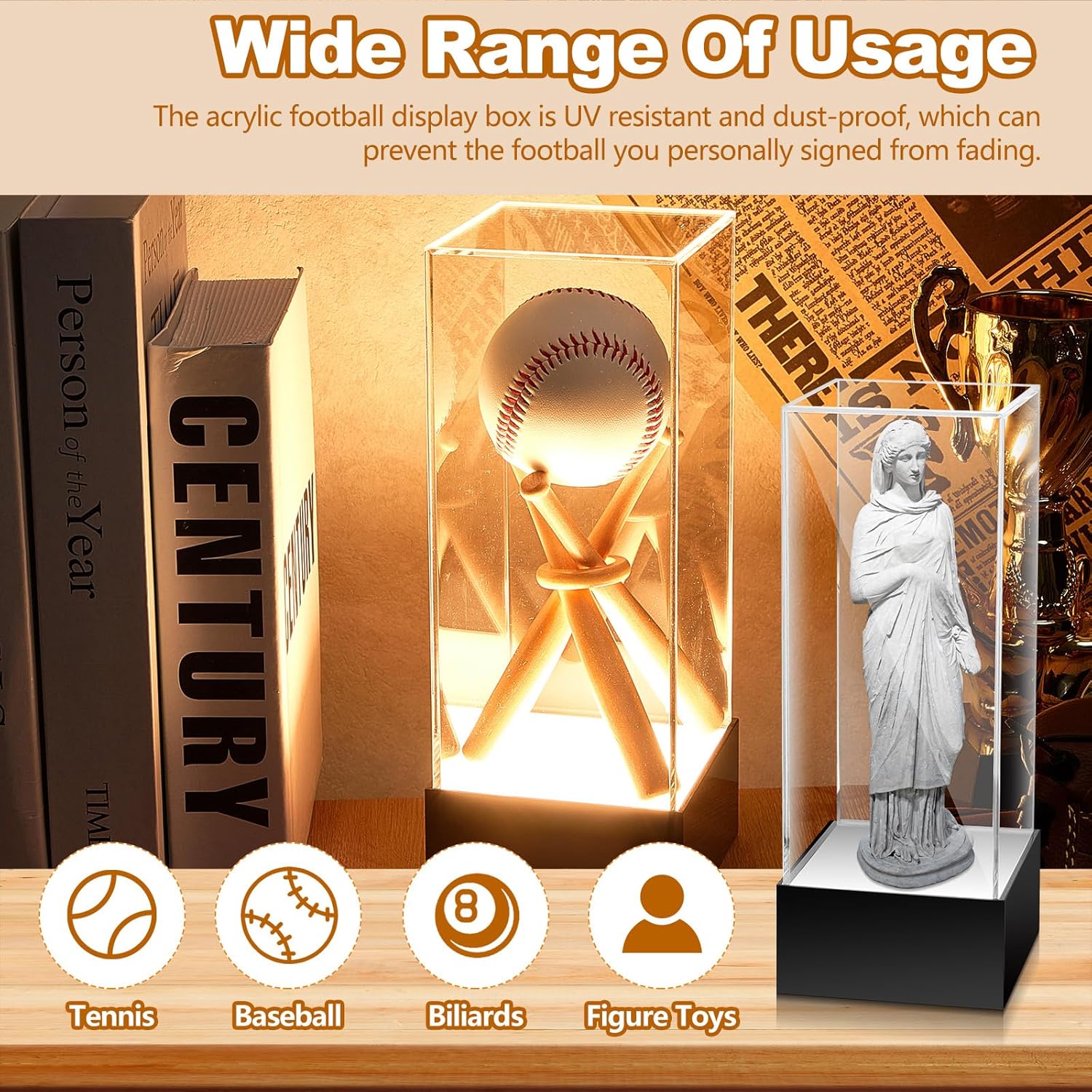 Menkxi Vitrina de béisbol con base de luz LED, soporte de béisbol con palos de madera, soporte de exhibición de acrílico transparente con protección