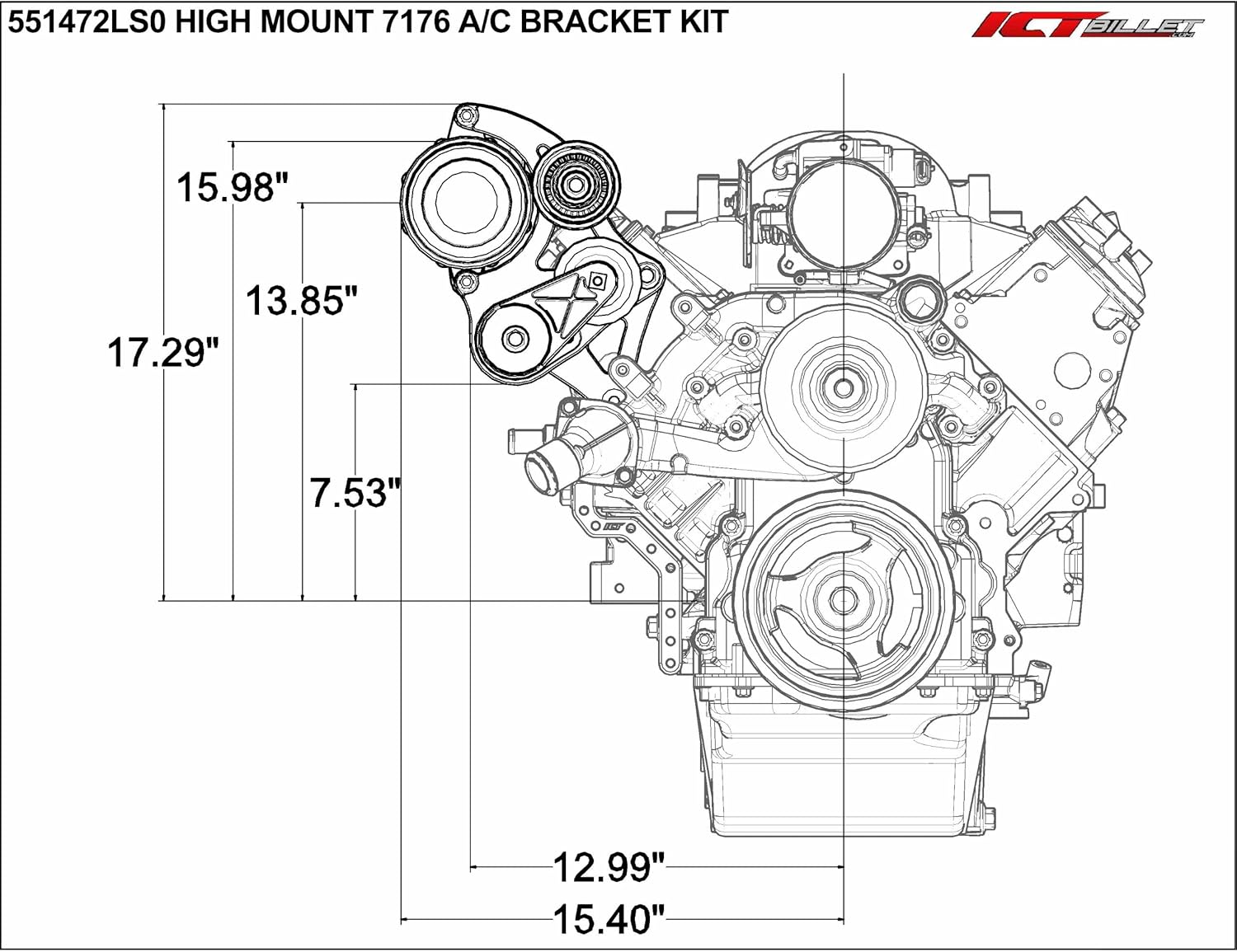 ICT Billet LS Truck Sanden 7176 SD7 Mini AC Aire acondicionado Compresor Soporte Billet Aluminio Alto Montaje Lado del pasajero 551472LS0-3