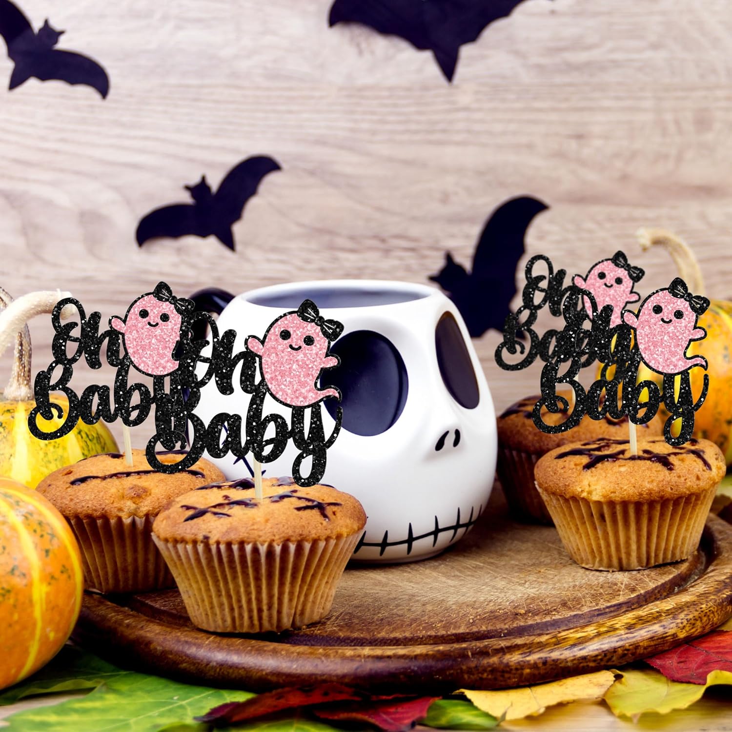 24 adornos para cupcakes Ghost Oh Baby con purpurina negra para Halloween, baby shower, decoración de cupcakes de Halloween para baby shower,