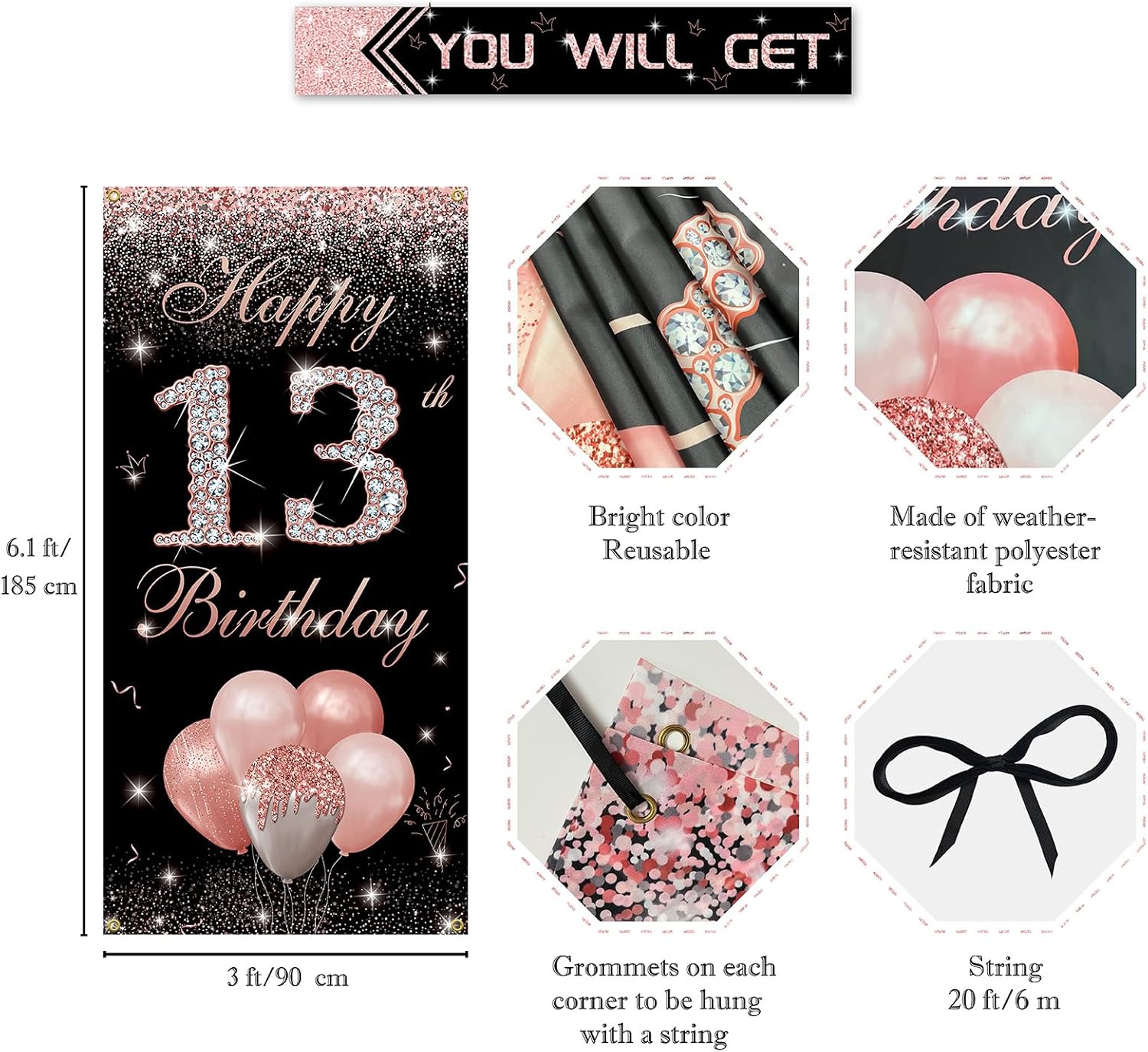 Cartel de telón de fondo para puerta de cumpleaños número 13, color oro rosa, decoración de feliz cumpleaños número 13 para niñas, cartel de tela