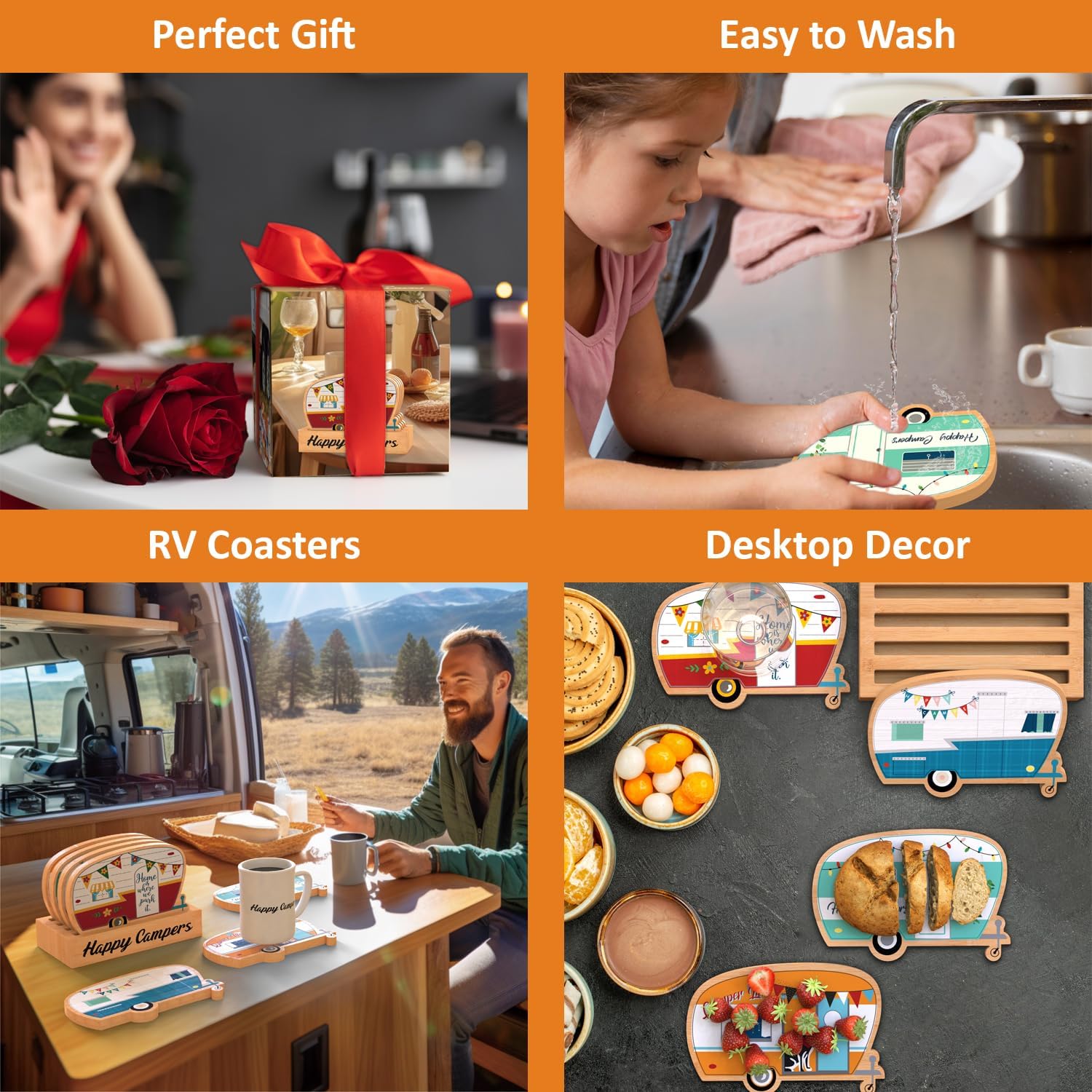 Juego de 4 posavasos de bambú Happy Camper con soporte, regalos de campamento para amantes de los campistas, mujeres y hombres, adecuados para tipos