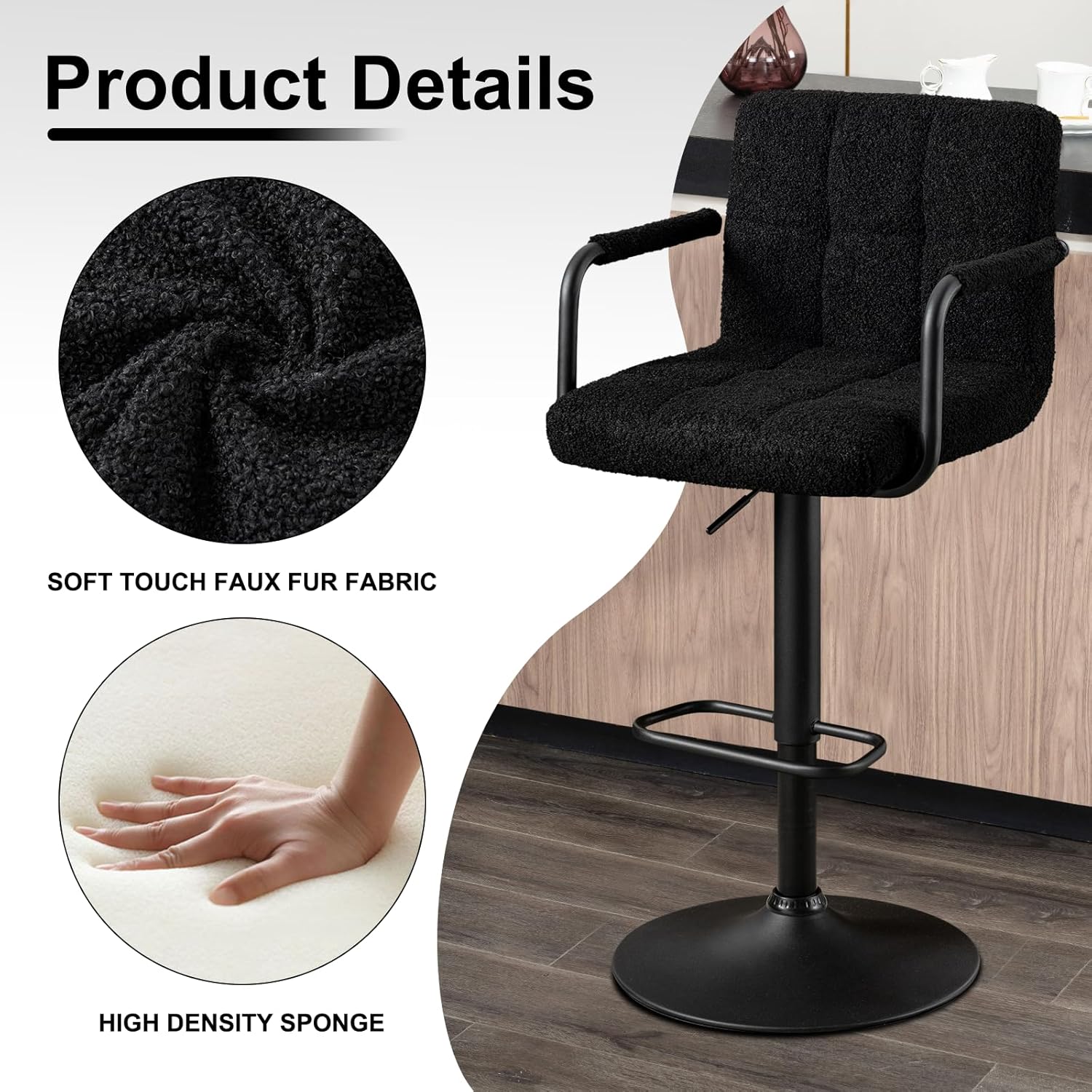 Furnimart Taburete de bar tapizado de sherpa artificial de 30 pulgadas, taburetes de bar ajustables, taburetes de bar giratorios de diseño moderno,