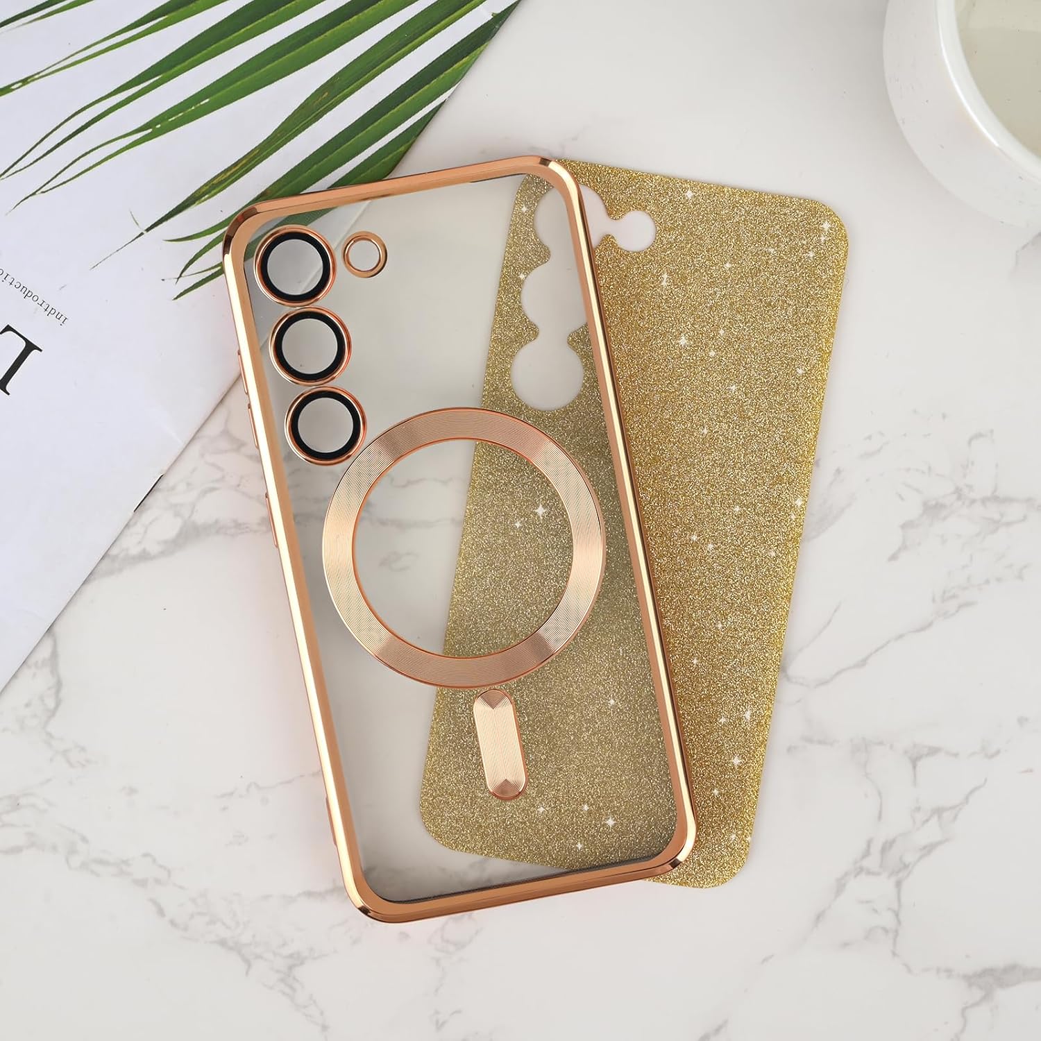 Newseego Funda magnética para Samsung Galaxy S23, funda con purpurina brillante, TPU suave, protección completa de la lente de la cámara, funda