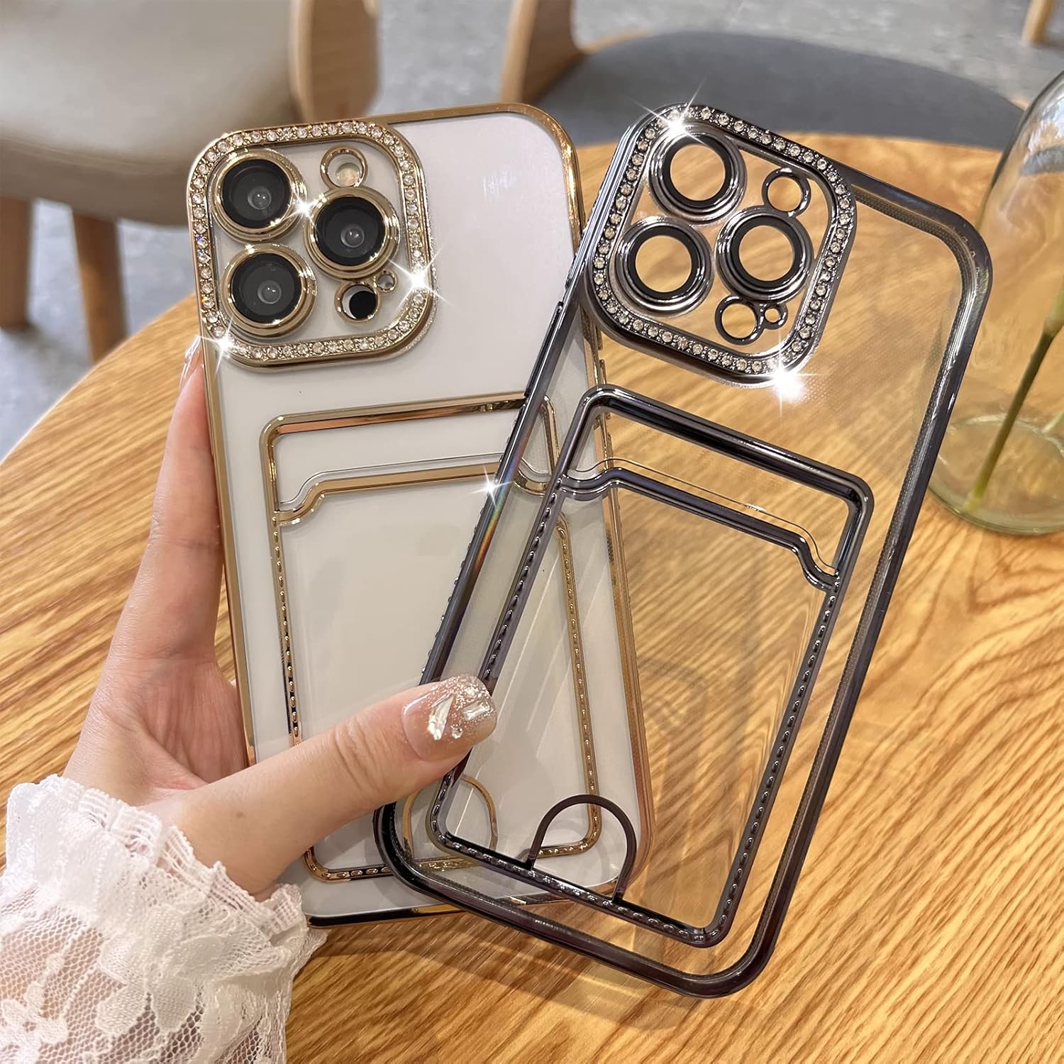 MZELQ Funda tipo cartera chapada para iPhone 14 Pro, tarjetero con diamantes con purpurina brillante, protección para cámara, funda de lujo + 2