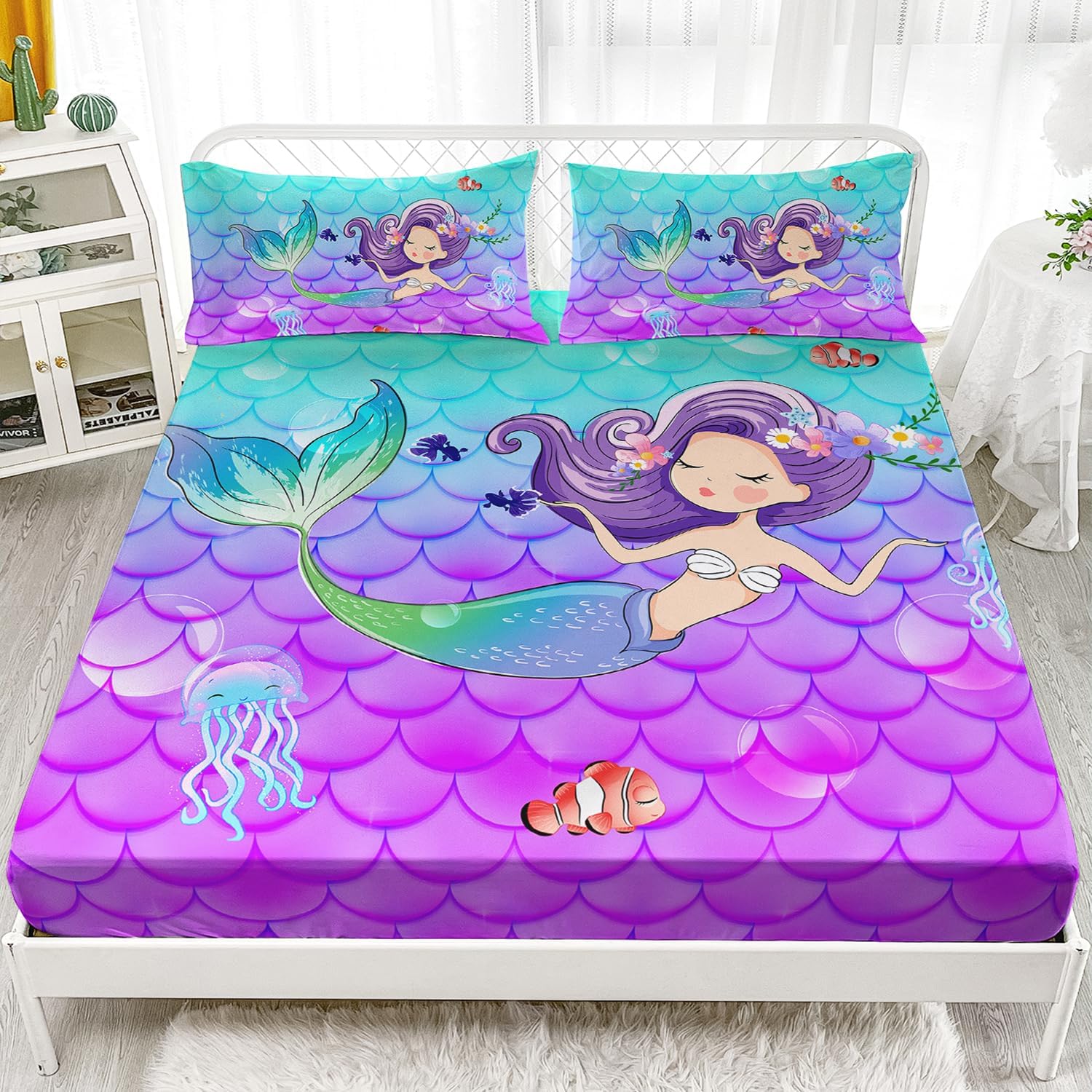 AILONEN Bonita sábana bajera ajustable de sirena de dibujos animados, tamaño individual, hermoso juego de sábanas con temática de medusa para niños