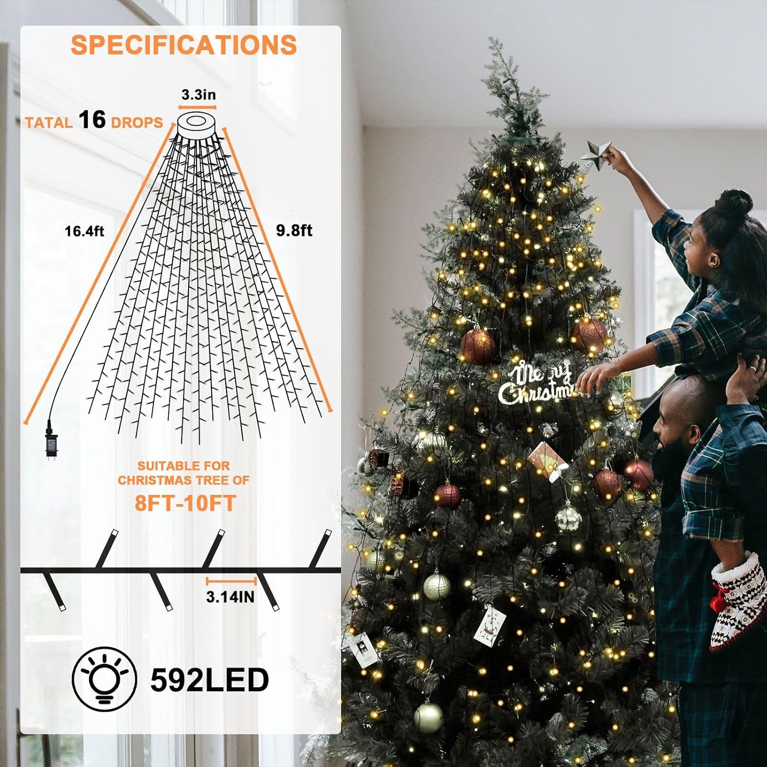 BOLWEO Luces de árbol de Navidad, 592 luces LED de 16 líneas de luces de Navidad para árbol, 8 modos para árbol de Navidad de 8 a 10 pies,