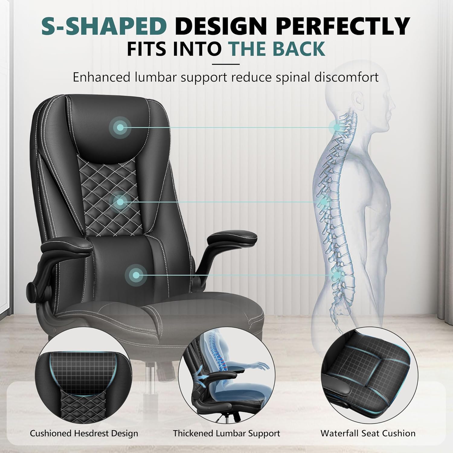 Guessky Silla de oficina, silla de oficina grande y alta, silla de oficina ejecutiva, silla ergonómica de cuero con soporte lumbar, sillas de