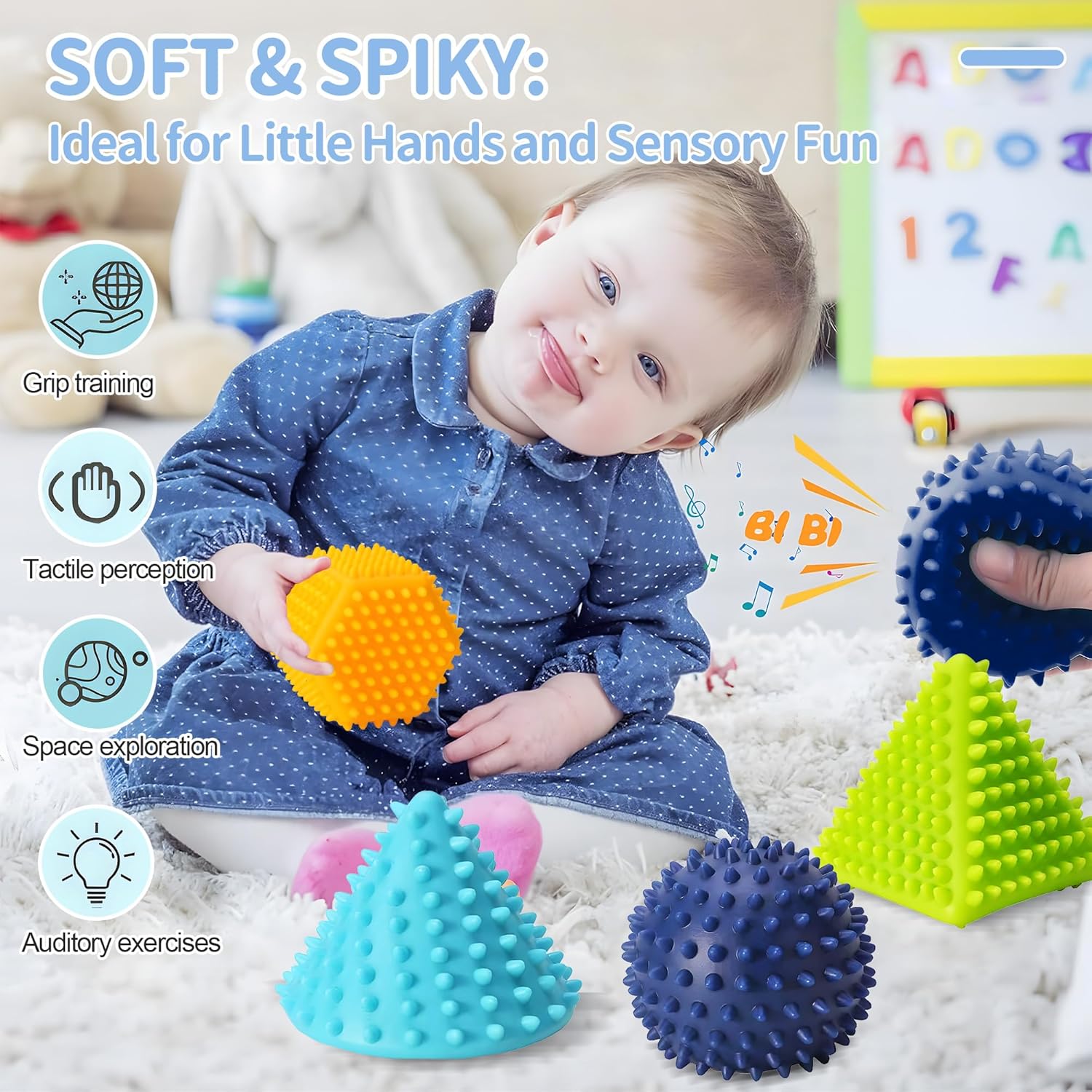 Bolas sensoriales suaves con puntas, formas geométricas texturizadas para el desarrollo sensorial de los bebés, bolas sensoriales para niños