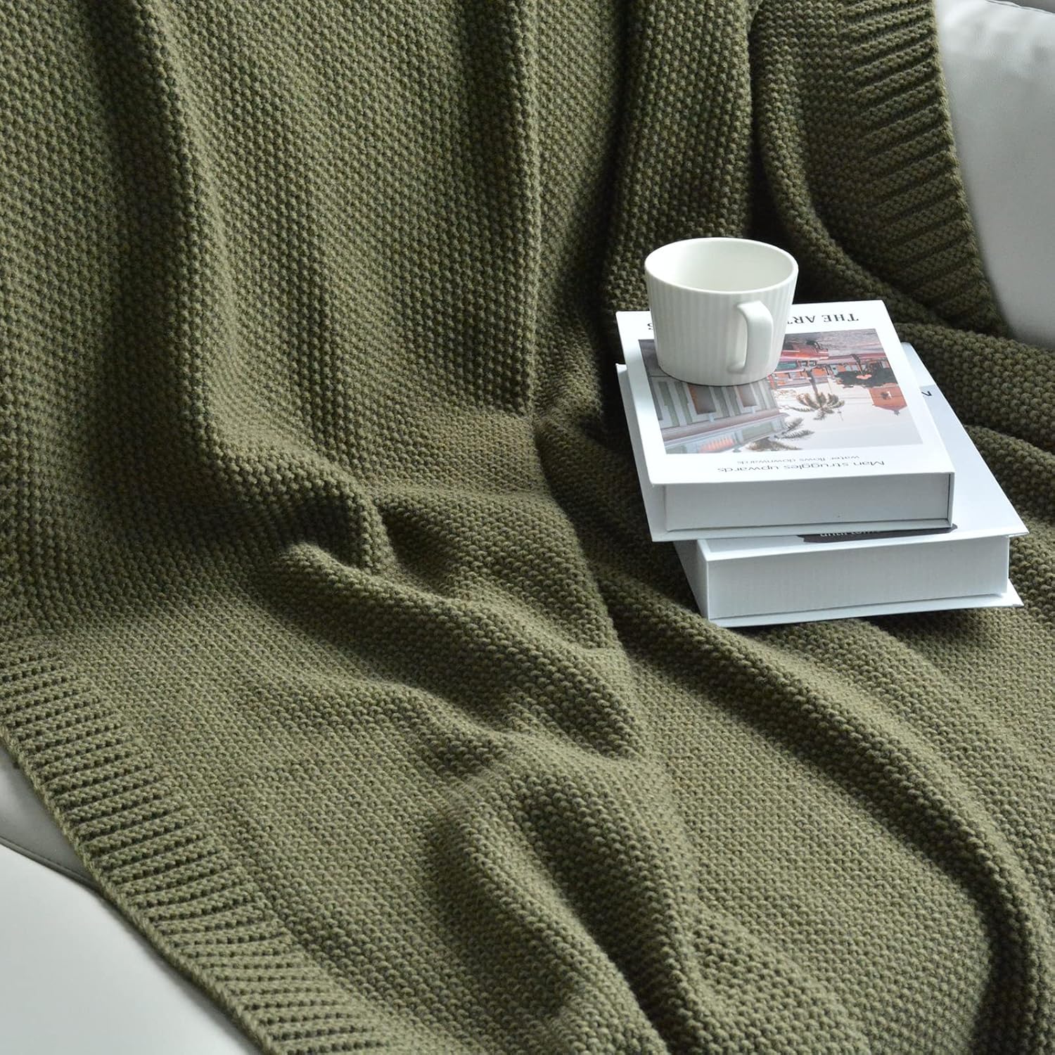 Manta de punto trenzado para sofá, suave, cálida, acogedora, versátil, decorativa, manta de punto para sofá, silla, color verde oliva, 60 x 80