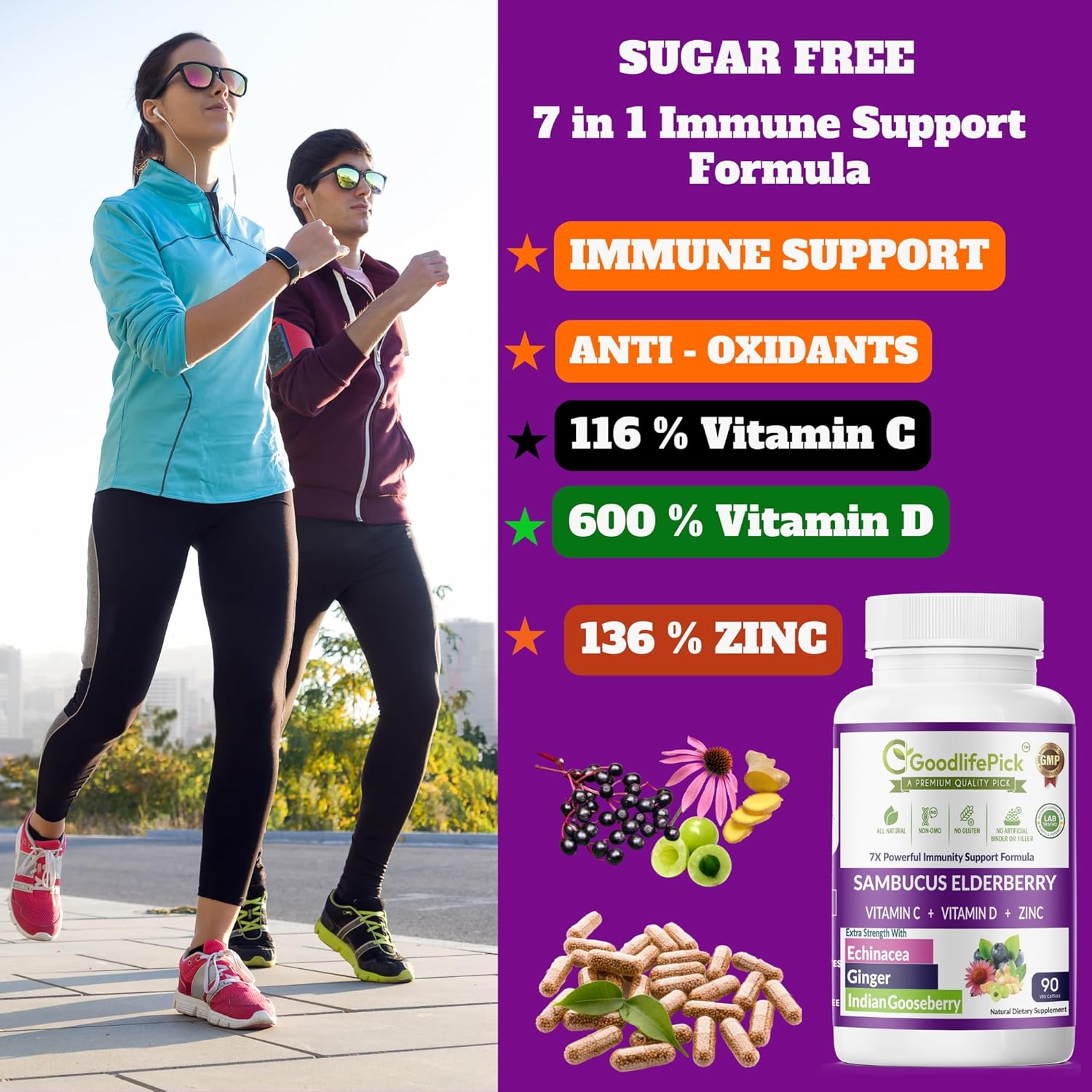 Baya de saúco 7 en 1 con zinc, vitamina C, vitamina D, equinácea, jengibre y grosella espinosa india (Amla). Cápsulas de saúco prémium de 90