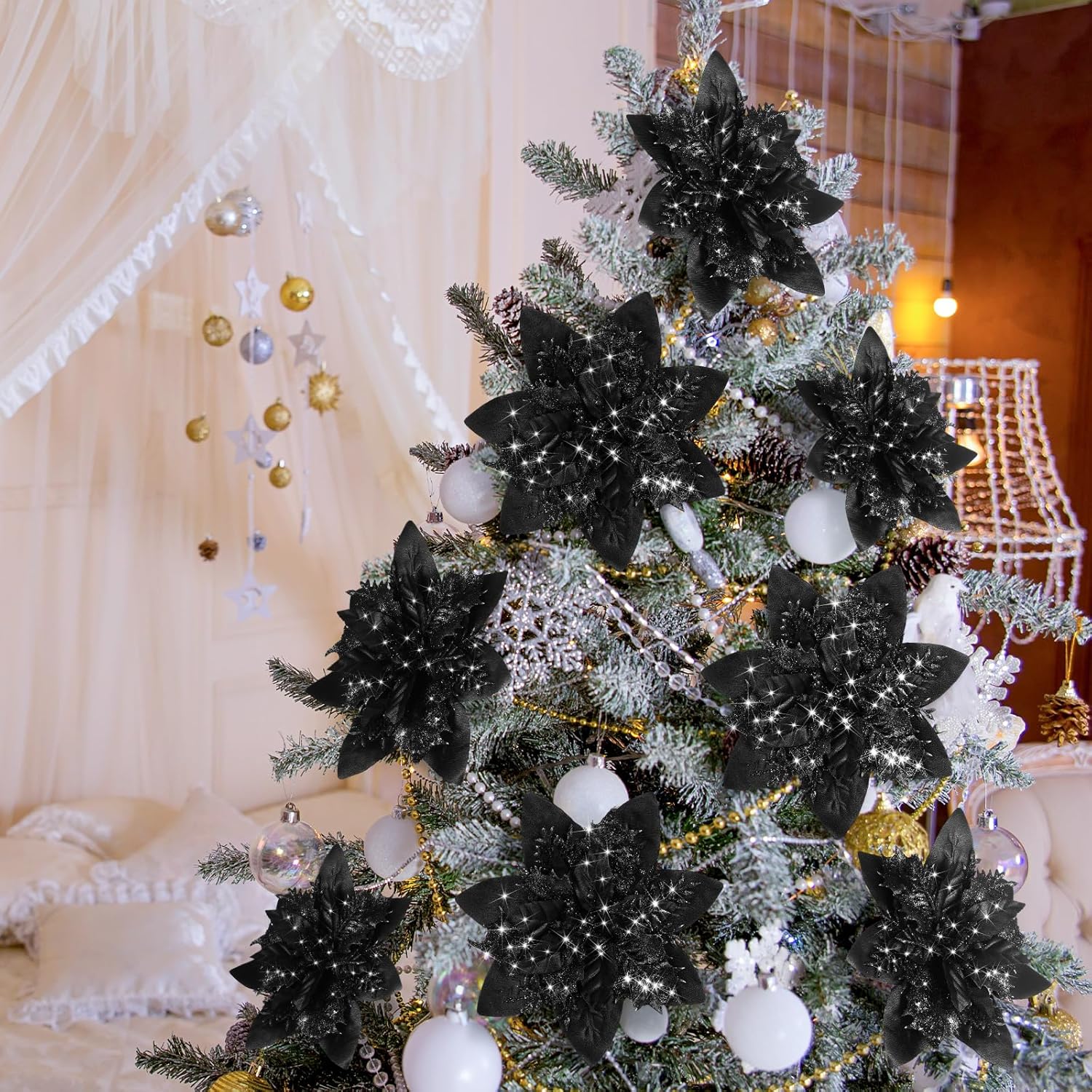 Adornos de flores de Pascua artificiales de Navidad con purpurina y clips y tallos, adornos para árbol de Navidad de Pascua con purpurina para