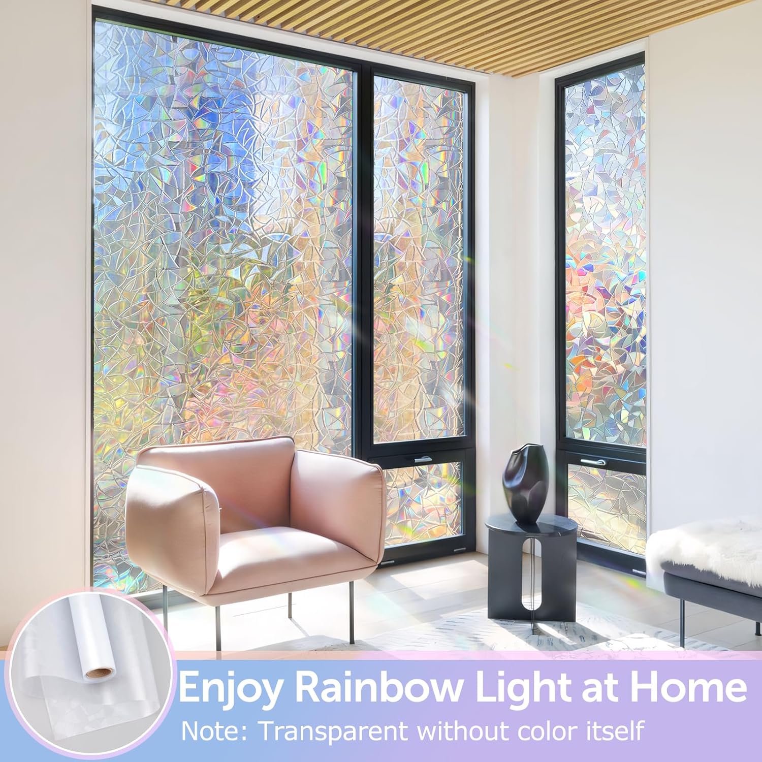 HIDBEA Película de privacidad para ventana, no adhesiva, película de vidrieras de colores arcoíris, reutilizable, anti rayos UV, película decorativa