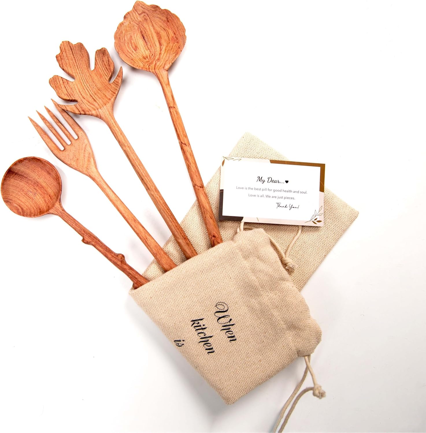 BVicHair Juego de 4 cucharas y tenedores de madera, juego de cucharas de ensalada de madera, regalos de amas de casa reales, regalos de cocina para