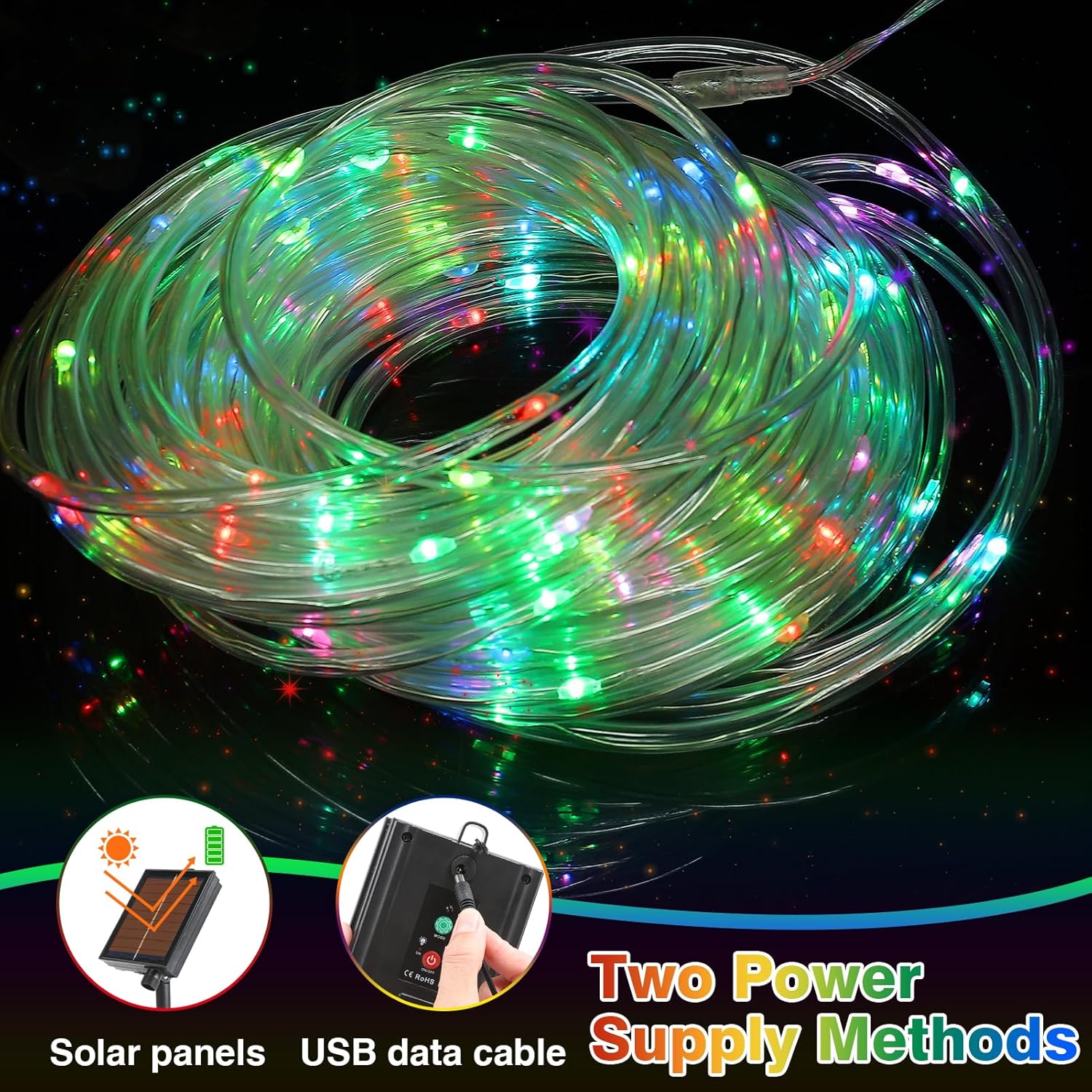 Luces LED de toldo de 42.6 pies con energía solar y USB, control remoto, luces multicolor, tiempo de uso más largo, luces más brillantes, luces de
