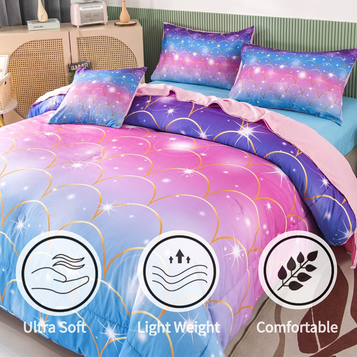 RYNGHIPY Juego de edredón de sirena brillante de 6 piezas, color verde azulado y rosa, tamaño Queen, juego de ropa de cama para niñas con purpurina