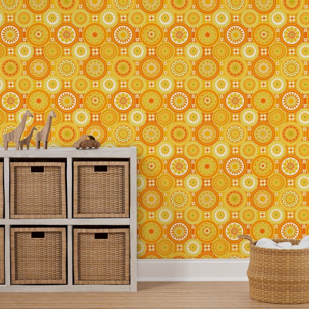 Spoonflower Peel & Stick Wallpaper 3ft x 2ft – Circle Tiles Yellow Flowers Retro Orange Geometric 70s 60s Vintage Custom Removable Wallpaper