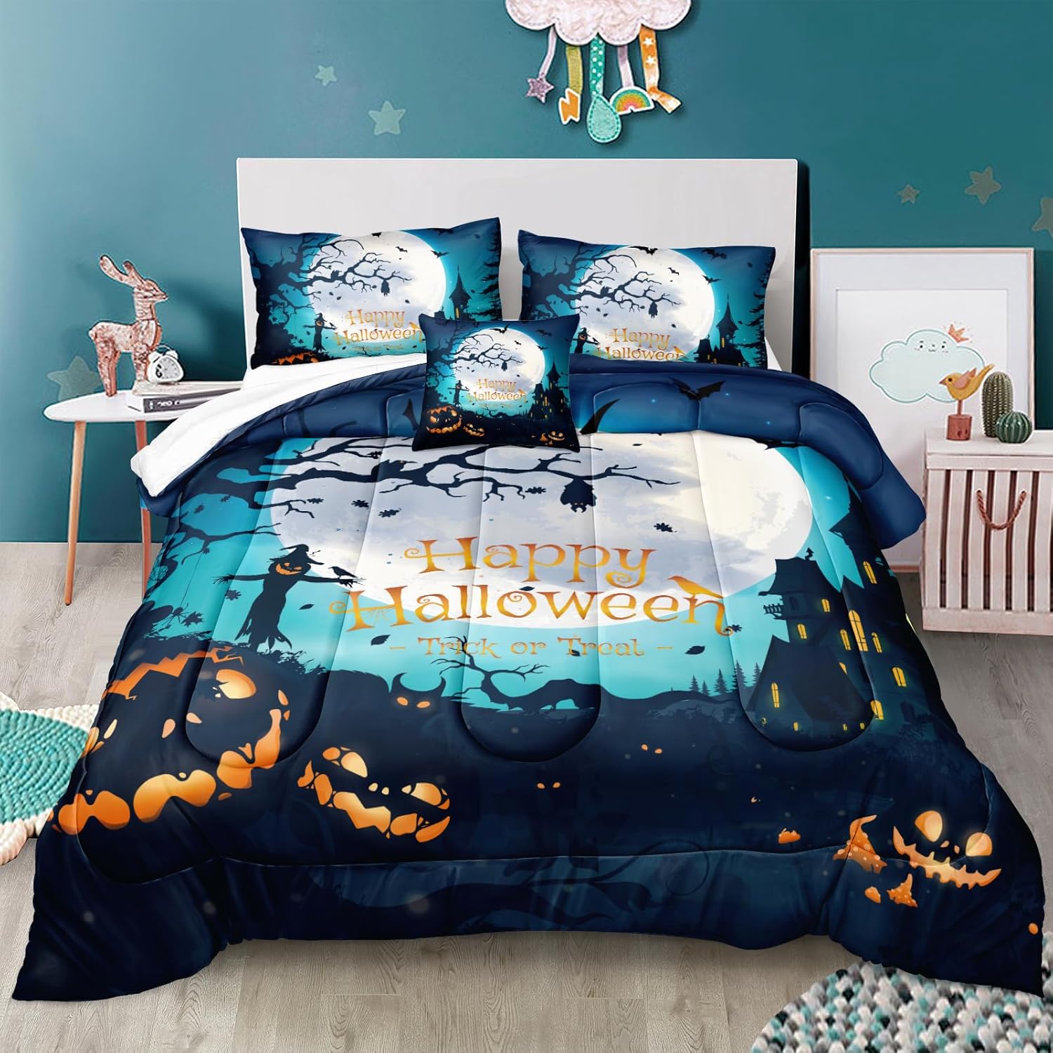 Herside Juego de edredón de Halloween con 2 fundas de almohada (azul, Queen)