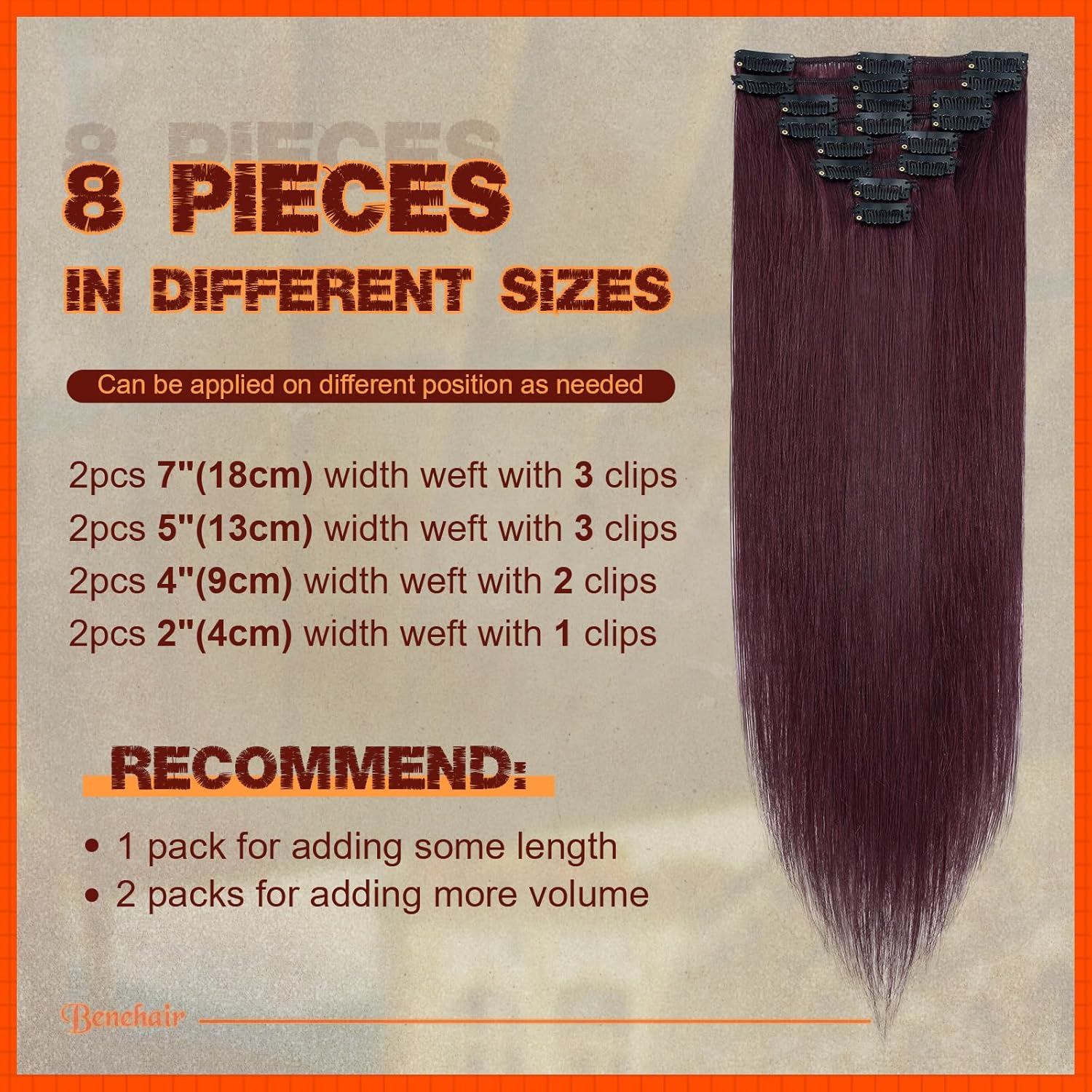 Benehair Extensiones de cabello humano real con clip, color rojo vino, 24 pulgadas de largo, lacio, Remy natural, cabeza completa, 8 unidades, 18